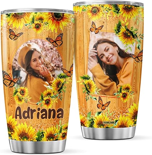 Vaso de café personalizado con diseño de girasol, taza de viaje con tapa, foto personalizada, regalos de cumpleaños para mujeres, abuelas, niñas,