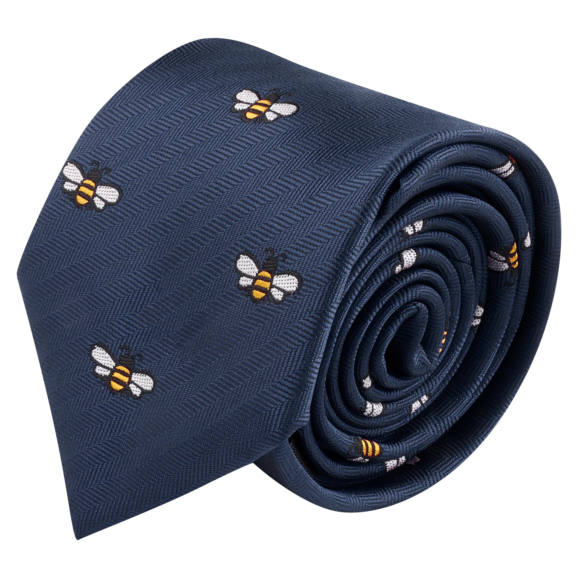 King & Priory Bee Navy Blue Herringbone Embroidered Tie