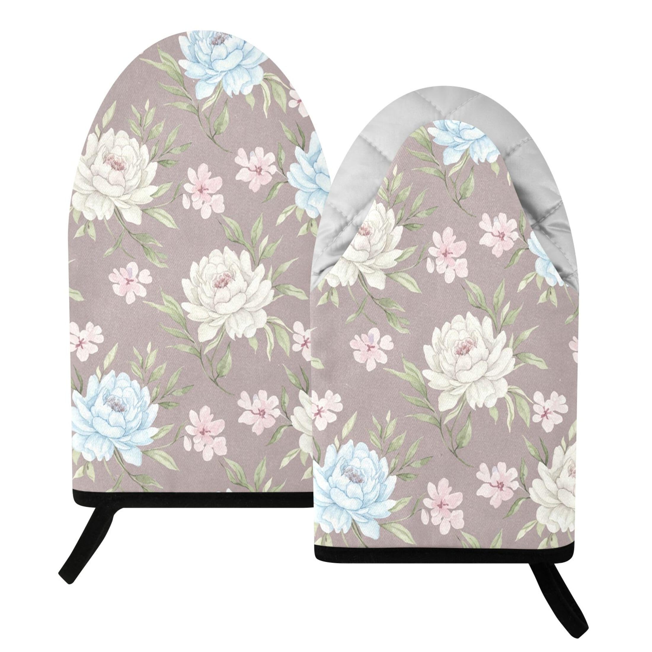 Kutsu Floral Oven Mitts for Kitchen, Heat Resistant Cotton Oven Gloves for BBQ Baking Cooking, Breathable Kitchen Essentials, 2 pcs