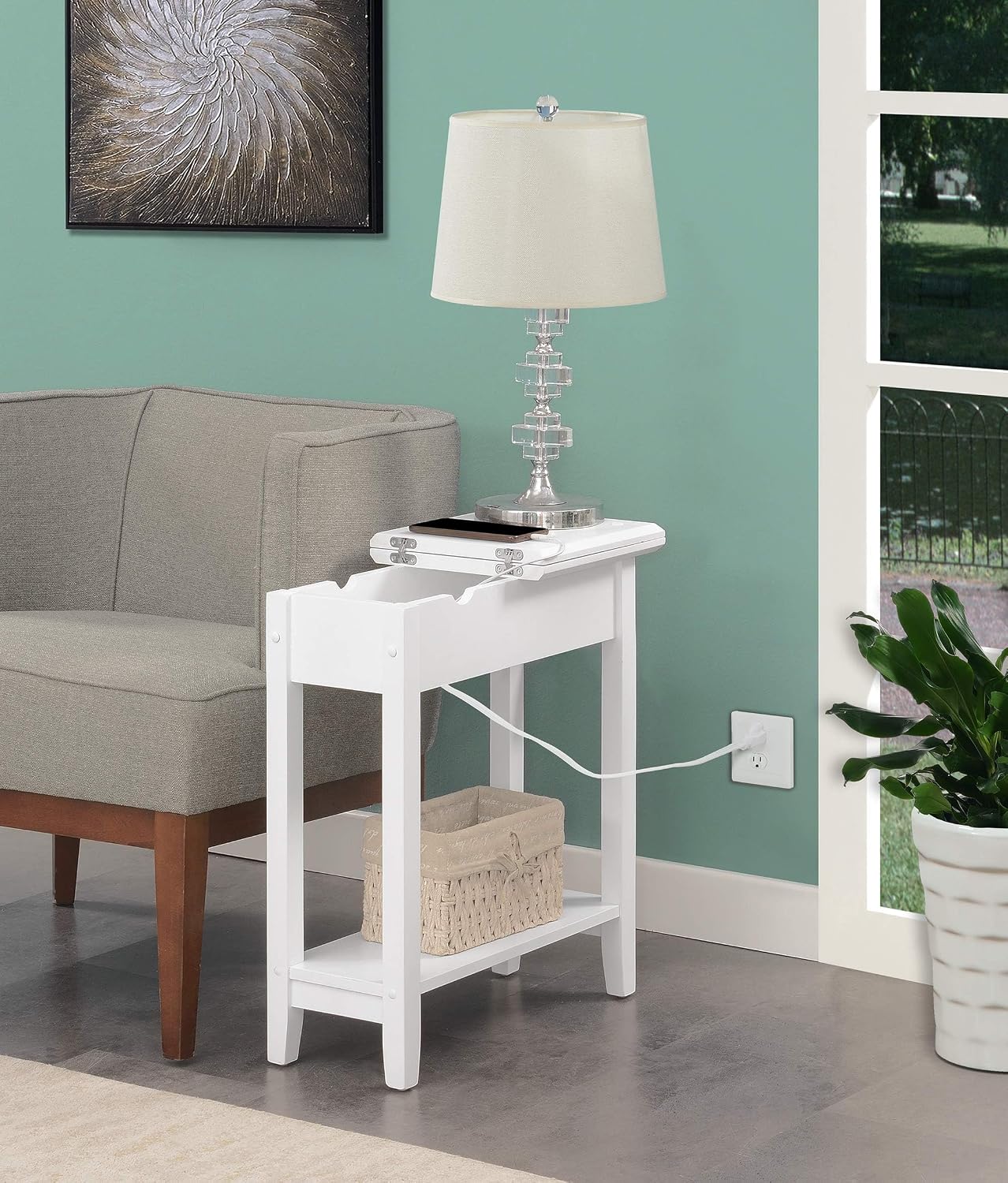 Convenience Concepts American Heritage Flip Top End Table with Charging Station and Shelf, White