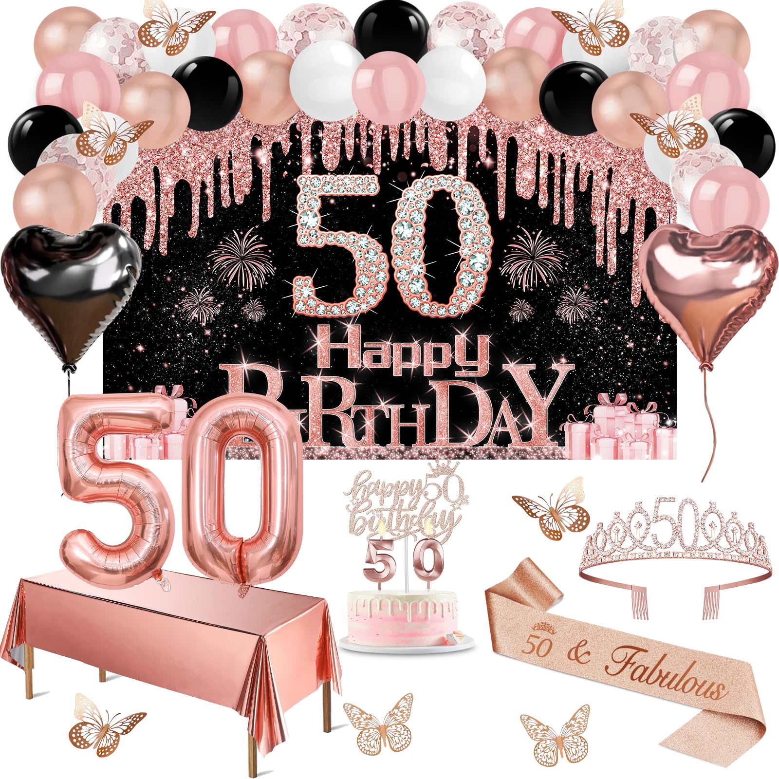 50th birthday decorations for women, 49pcs black rose gold black happy 50th birthday banner, tablecloth, butterfly decor, sash and tiara, cake topper, candles, balloons arch