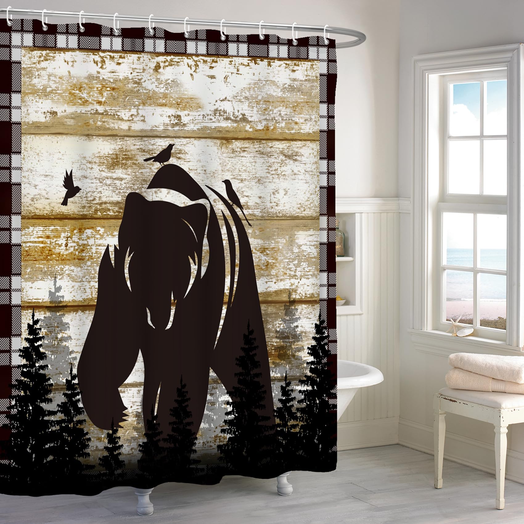 Renaiss 72x72 Inch Black Bear Shower Curtain Black Buffalo Plaid Wildlife Rustic Wooden Plank Nature Forest Farmhouse Shower Curtains for Bathroom