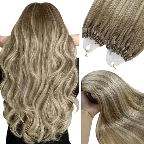 YoungSee Micro Bead Hair Extensions Real Human Hair Ombre Micro Loop Hair Extensions Real Human Hair Balayage Brown Micro-Ring Hair Extension Light Brown Balayage Blonde 16In 50s 57g