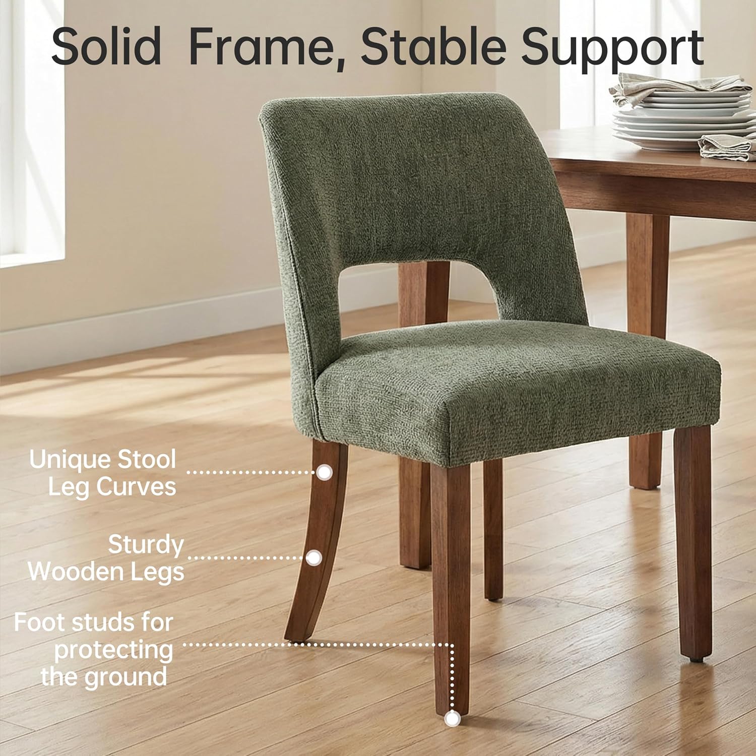 keoni Wooden Dining Chairs Set of 4, Mid Century Modern Upholstered Dining Room Chairs with Rubberwood Legs, Fabric Farmhouse Kitchen Chairs with Foot Pegs for Dining Room, Green