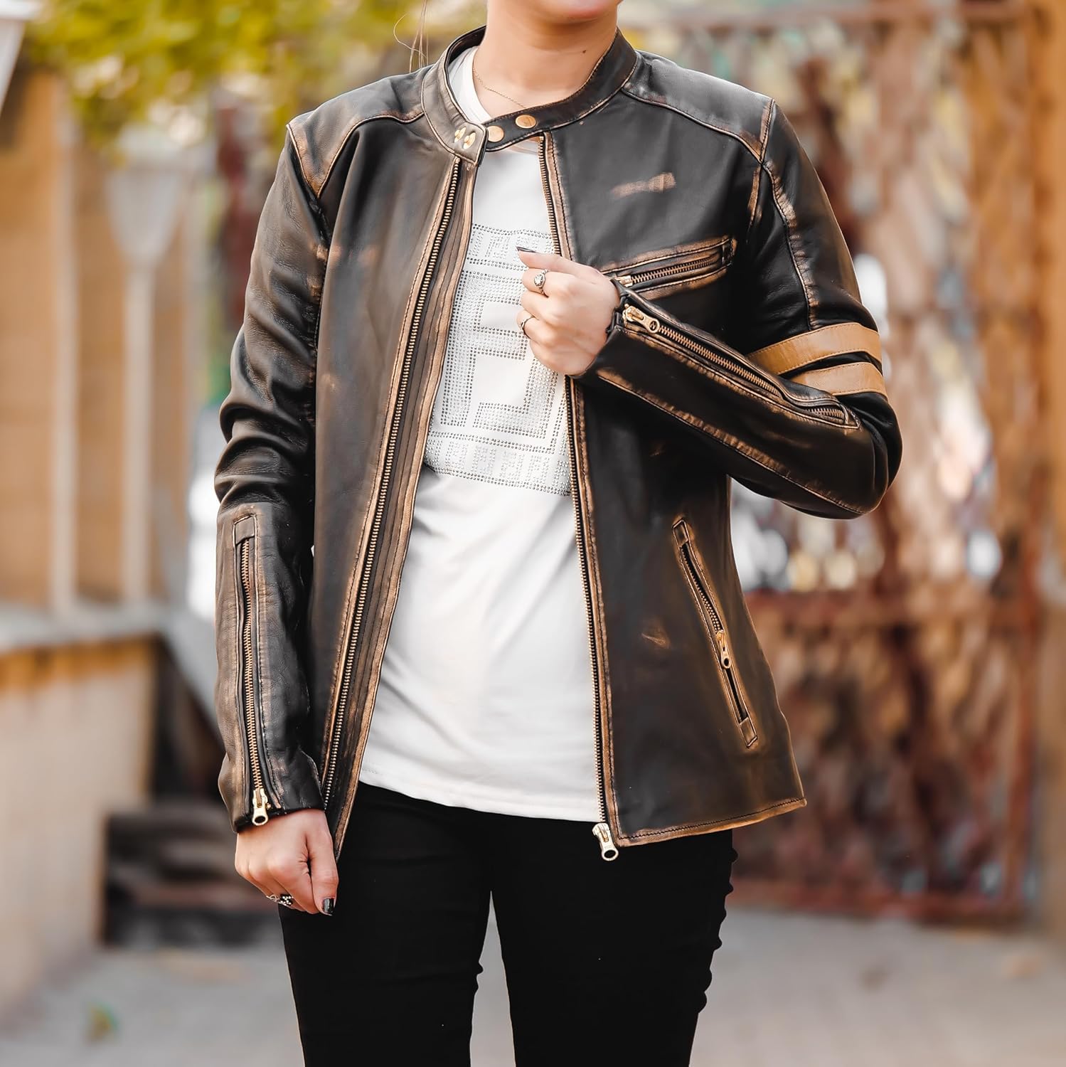 Jild Vintage Café Racer Genuine Leather Jacket Women - Distressed Leather Moto Biker Style Slim Fit Motorcycle Jacket Women - Image 5