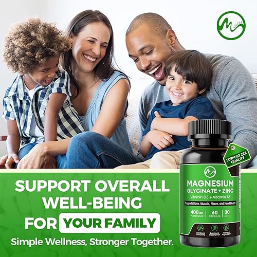 Miniatura 8 de Paquete de 2 cápsulas de glicinato de magnesio, suplemento de magnesio de 400 mg con zinc, vitamina D3 y B6, altamente biodisponible y absorción,