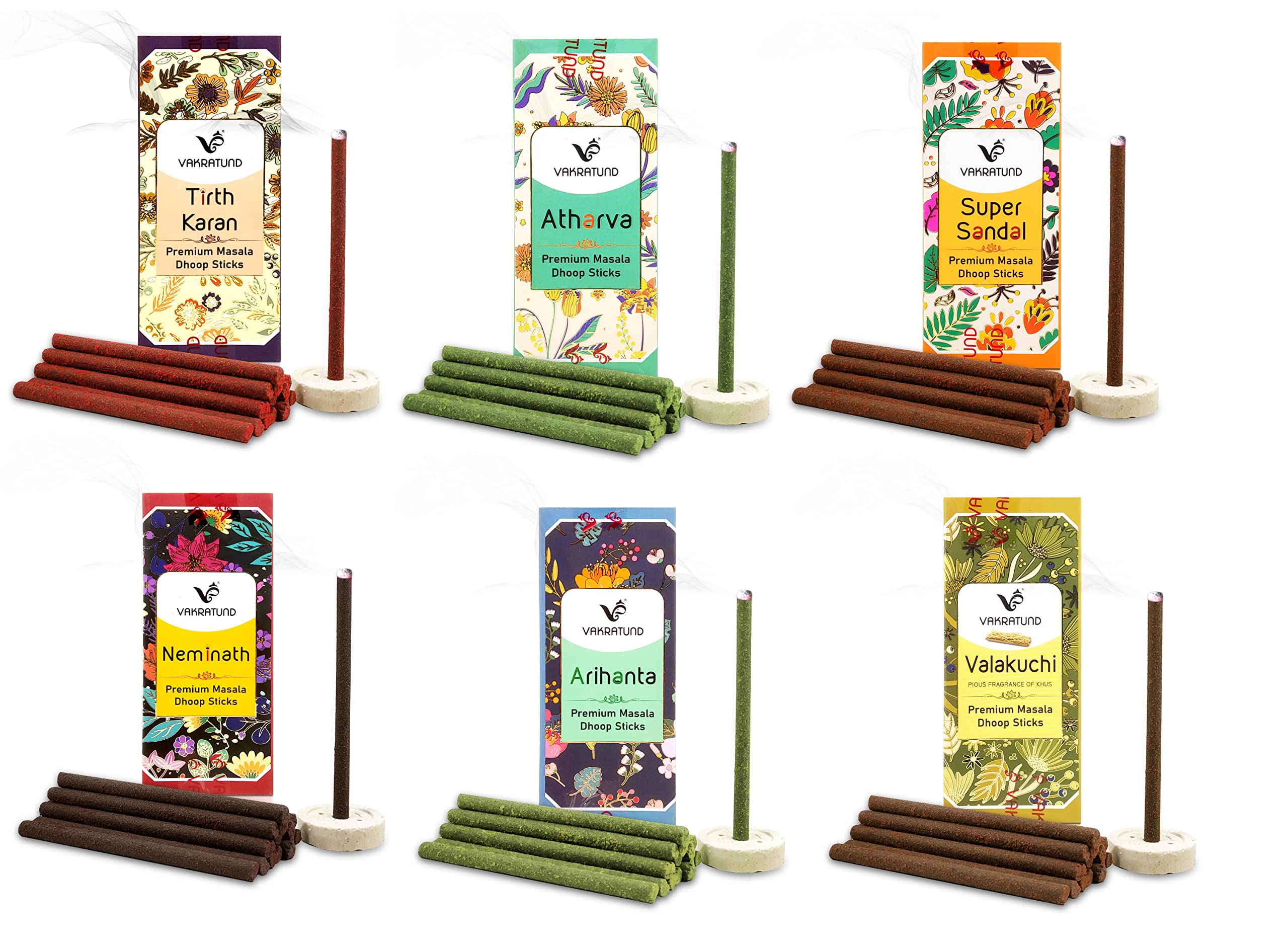 Airtick Box Pack of 6 (18 Sticks Per Box) Vakratund Multi-Fragrance Premium Masala Dhoop Incense Sticks for Aroma & Smoke, Home Temple Worship, Peace & Harmony, Purification, Positive Energy