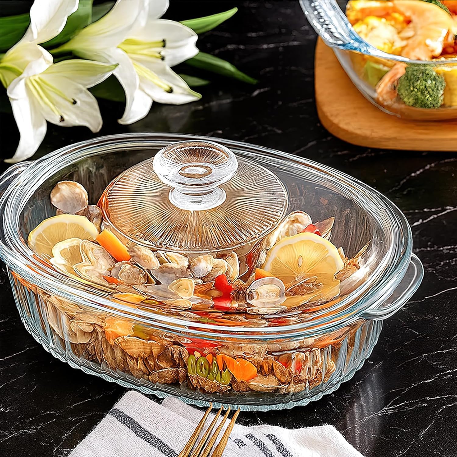 Set di 2 pirofile in vetro con coperchio per forno, 1,9 l e 3 l – Pirofila ovale scanalata in vetro per cuocere lasagne, casseruole, avanzi, cucina e cucina