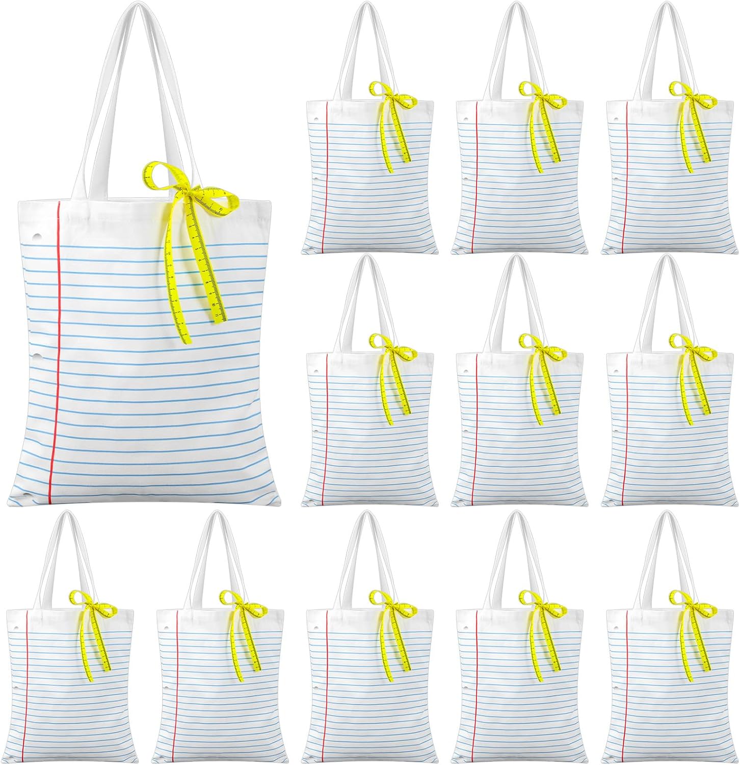 12 Pack Teacher Appreciation Gifts Bulk for Women- Notebook Design Canvas Tote Bags, Reusable Thank You Teacher Gift Bags with Ruler Ribbon for DIY Craft School Counselor Office Supplies