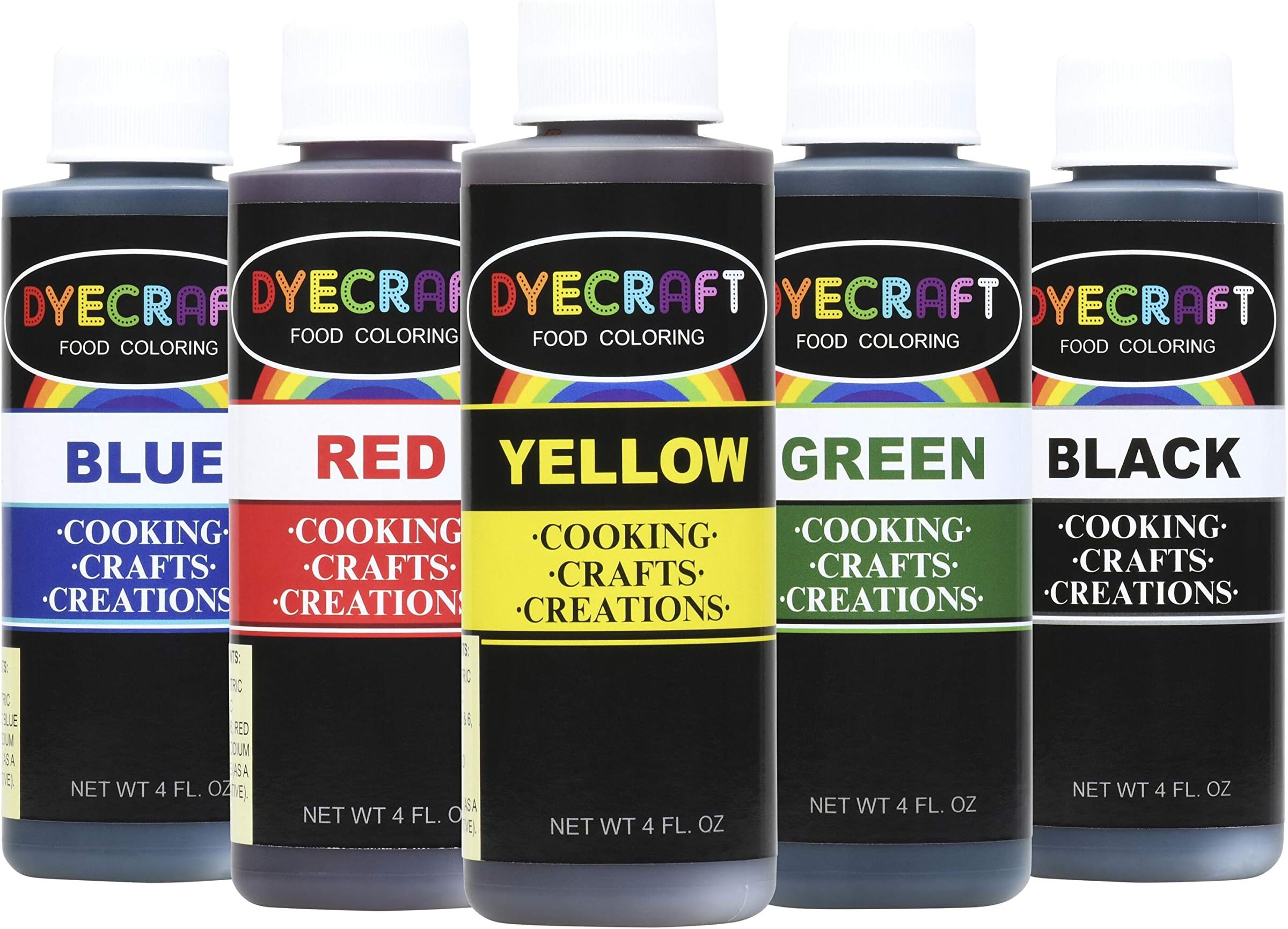 DyeCraft® Food Coloring Multi-Pack (Green, Yellow, Blue, Red, Black) LARGE 4oz BOTTLES- Odorless, Tasteless, Edible- Perfect for Baking, Cooking, Arts & Crafts, Decorations and more