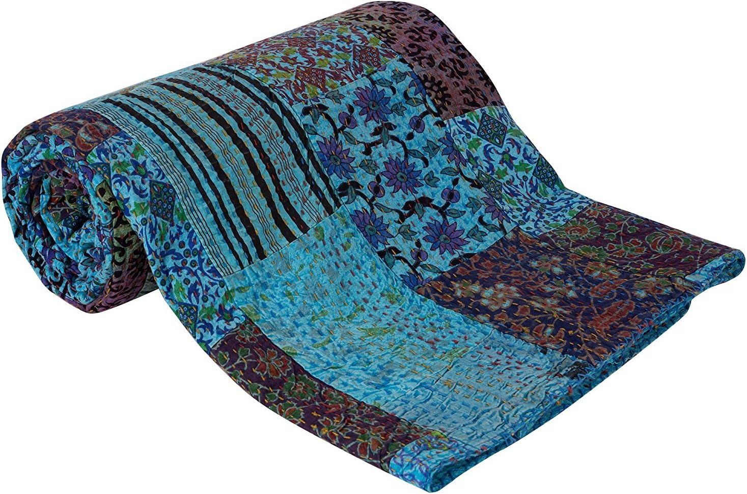 Sophia-Art Indian Handmade Block Print Patch Work Kantha Quilt Blanket Bedspread Patch Kantha Throw Hippie Ethnic Kantha Rallies Bohemian Sari Patchwork Bed Cover (Turquoise Patchwork, 60"*90")