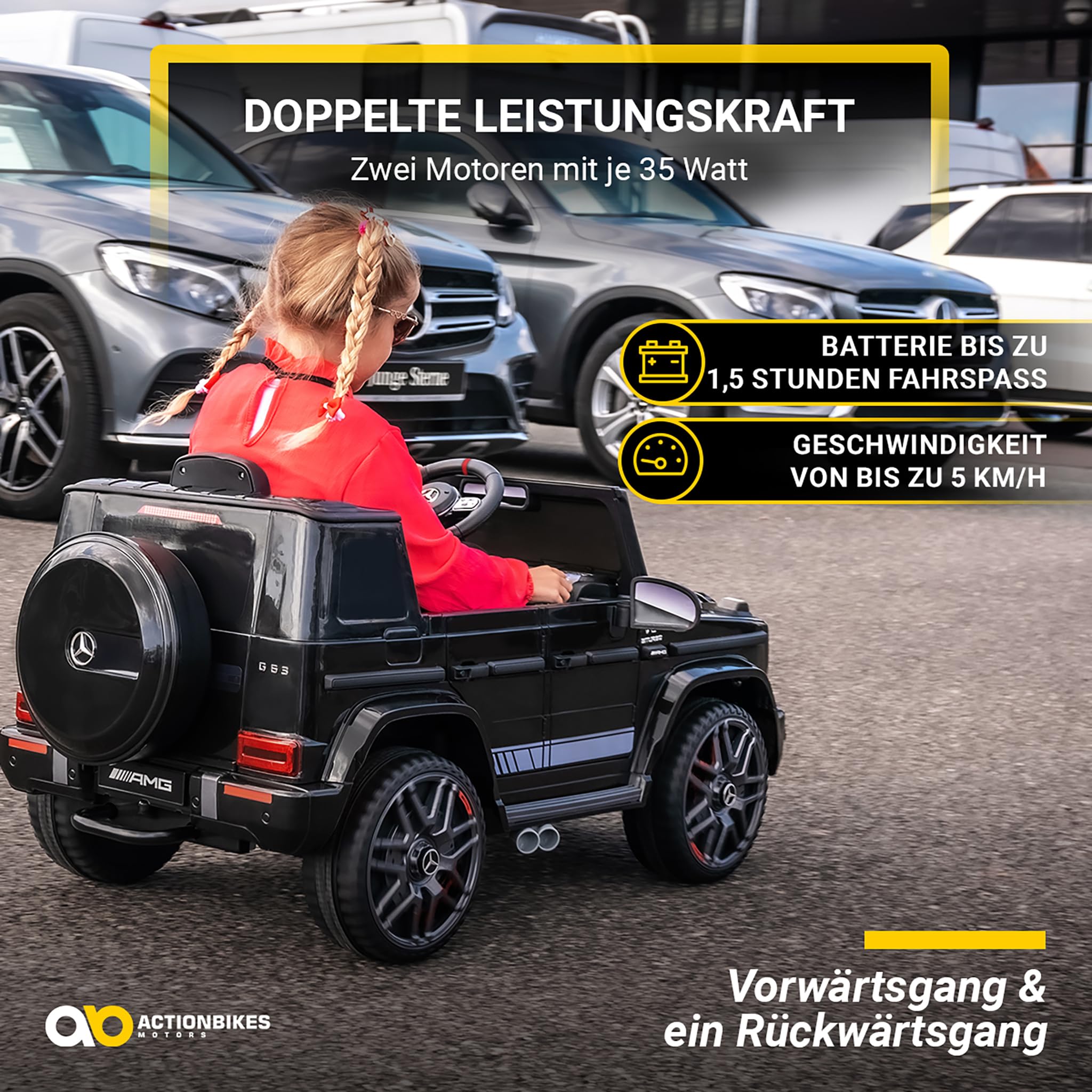 Actionbikes Motors Kinder Elektroauto Mercedes AMG G63 | 2,4 Ghz Fernbedienung - Lizenziert - Kinderauto elektrisch - Elektrofahrzeuge - Spielzeugauto - Elektro Auto für Kinder ab 3 Jahre (Schwarz)
