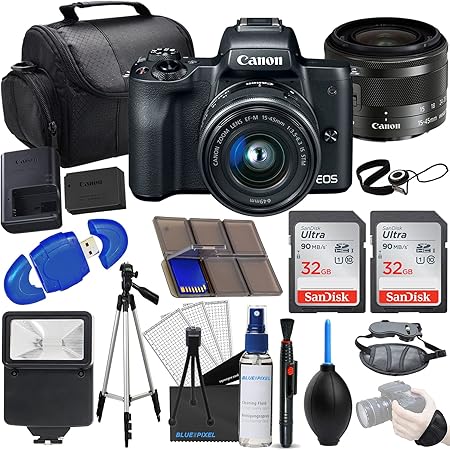 Canon EOS M50 Mirrorless Camera w/15-45mm (Black) + 2X 32GB SD Cards + Tripod + Hand Strap + Deluxe Photo Bundle