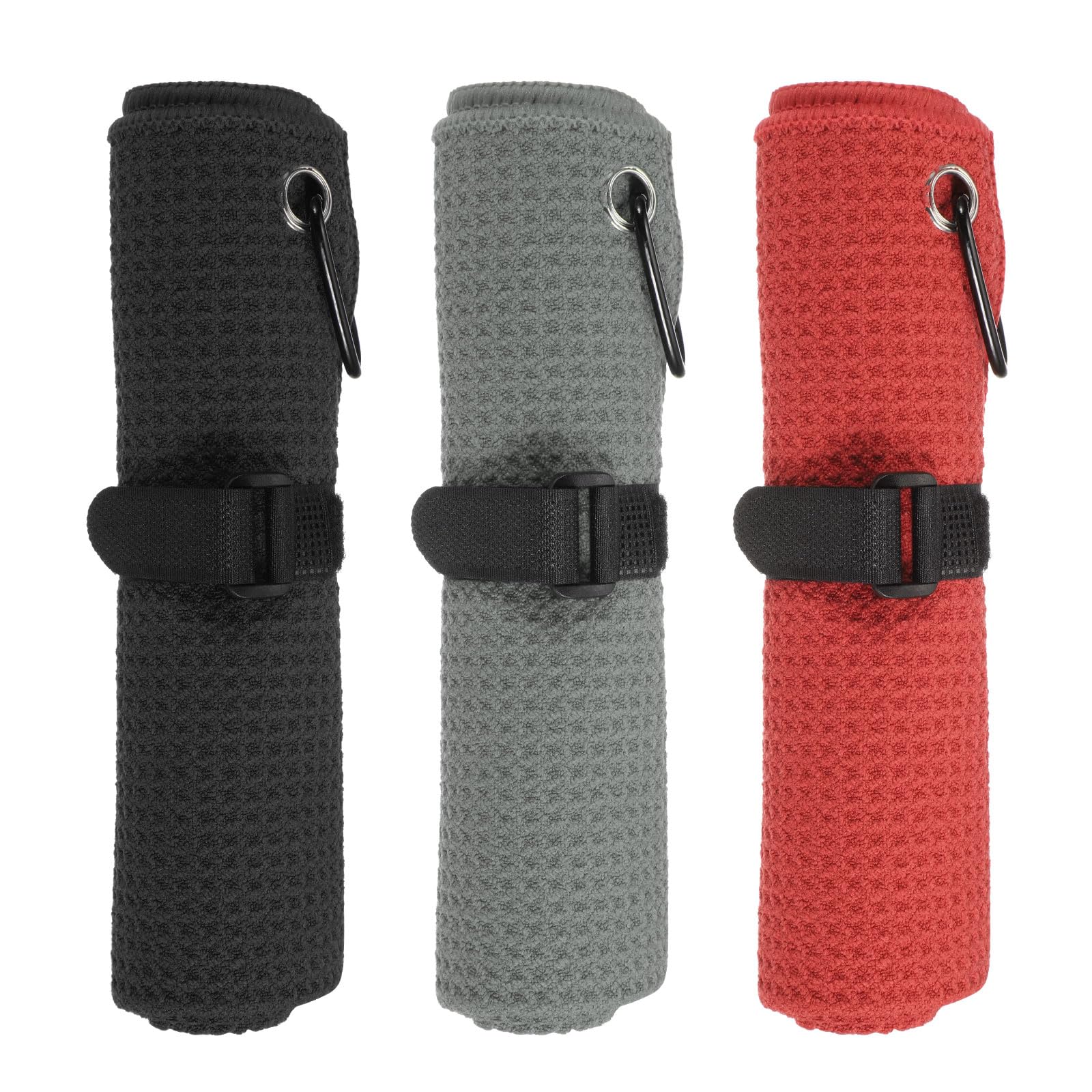 PATIKIL 16"x16" Microfiber Golf Towel, 3 Pack Tri-Fold Golf Towels Waffle Pattern Towels Absorption with D Clip, Hook and Loop Fastener, Black/Gray/Red