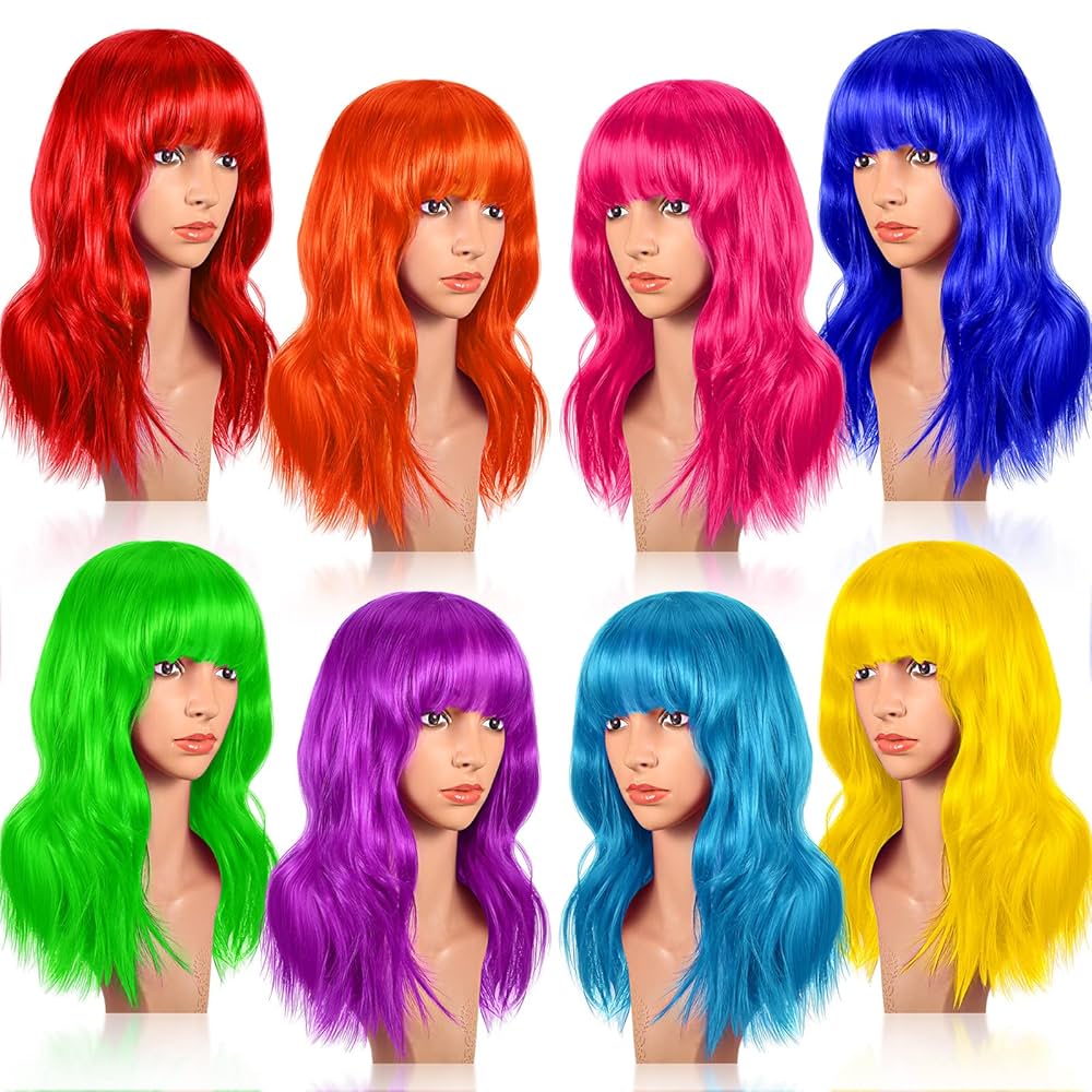 Color Wig Ideas for Cosplay and Halloween Costumes 6 Amazon.com: Crowye 8 Pcs 12" Colorful Party Wigs Shoulder Length Wigs for Women Wavy Bob with Air Bangs Curly Short Synthetic Colorful Costume for Cosplay Bachelorette Party(Rainbow Color) : Clothing, Shoes &