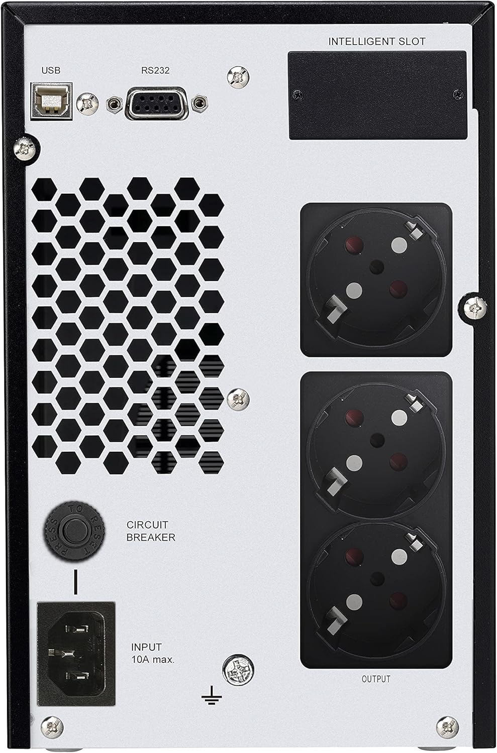 Rear view of the FSP Champ Tower 1K UPS showing input, output, and communication ports
