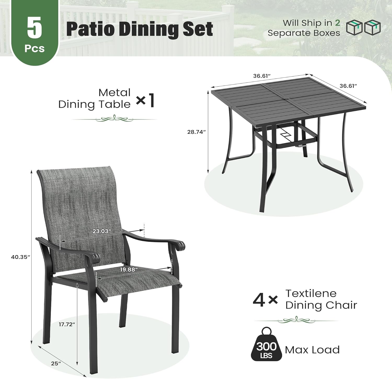 UDPATIO 5 Piece Patio Outdoor Table and Chairs for 4, 37" Black Square Table with Umbrella Hole, Metal Gray Patio Chairs Set of 4, Patio Table with Chairs, Outdoor Patio Dining Set for Lawn, Backyard