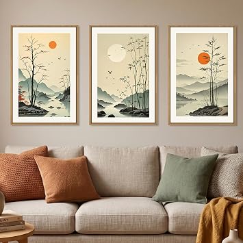 Chinoiserie Bamboo Forest Framed Canvas Wall Art Set, Nature Tree Lakes Wall Decor, Minimalist Zen Landscape Wall Painting, Watercolor Art Prints for Living Room, Bedroom, Office 24"X36"X3