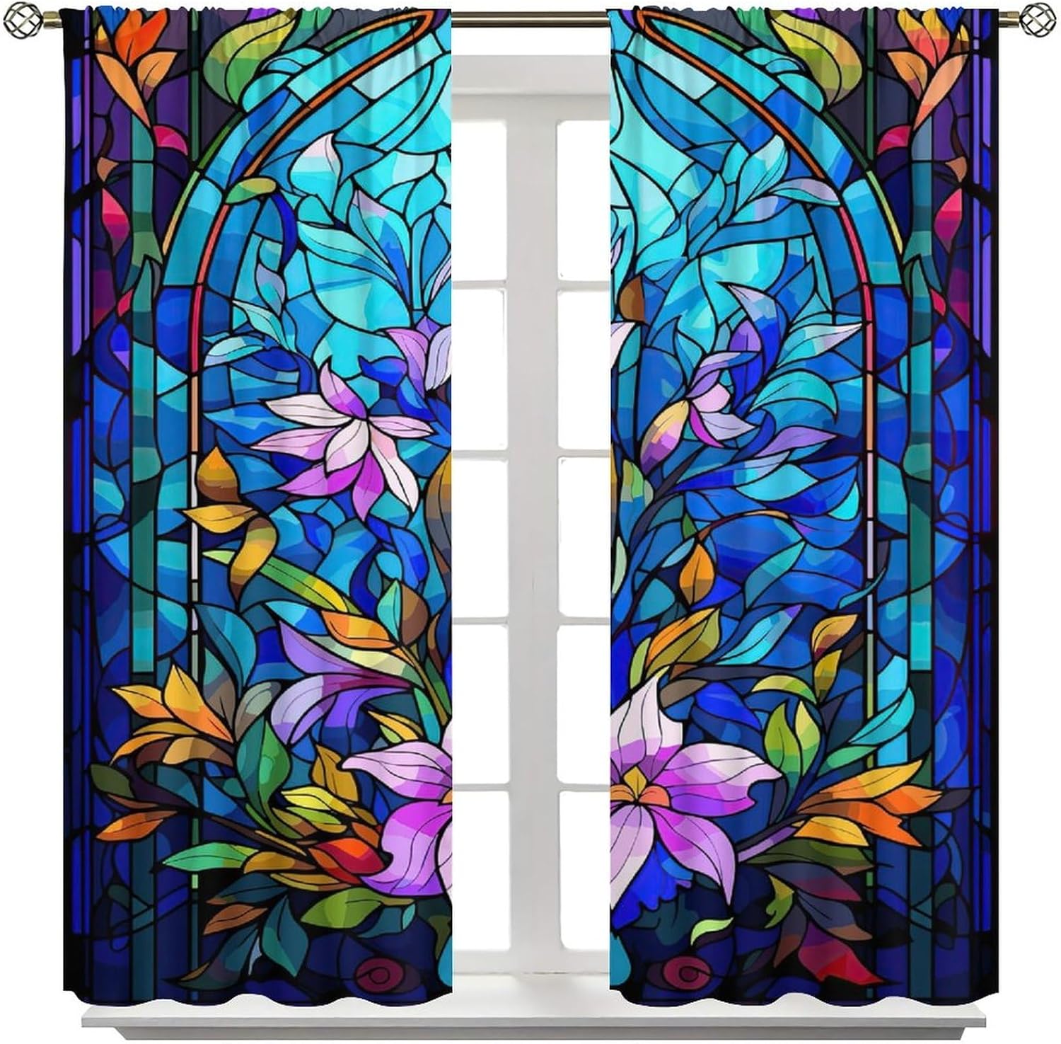 Stained Glass Abstract Flowers Blackout Window Curtains, Mid Century Vintage Bohemian Design Rod Pocket Window Drapes, for Living Room Bedroom 26(W)*84(L) 2 Panels
