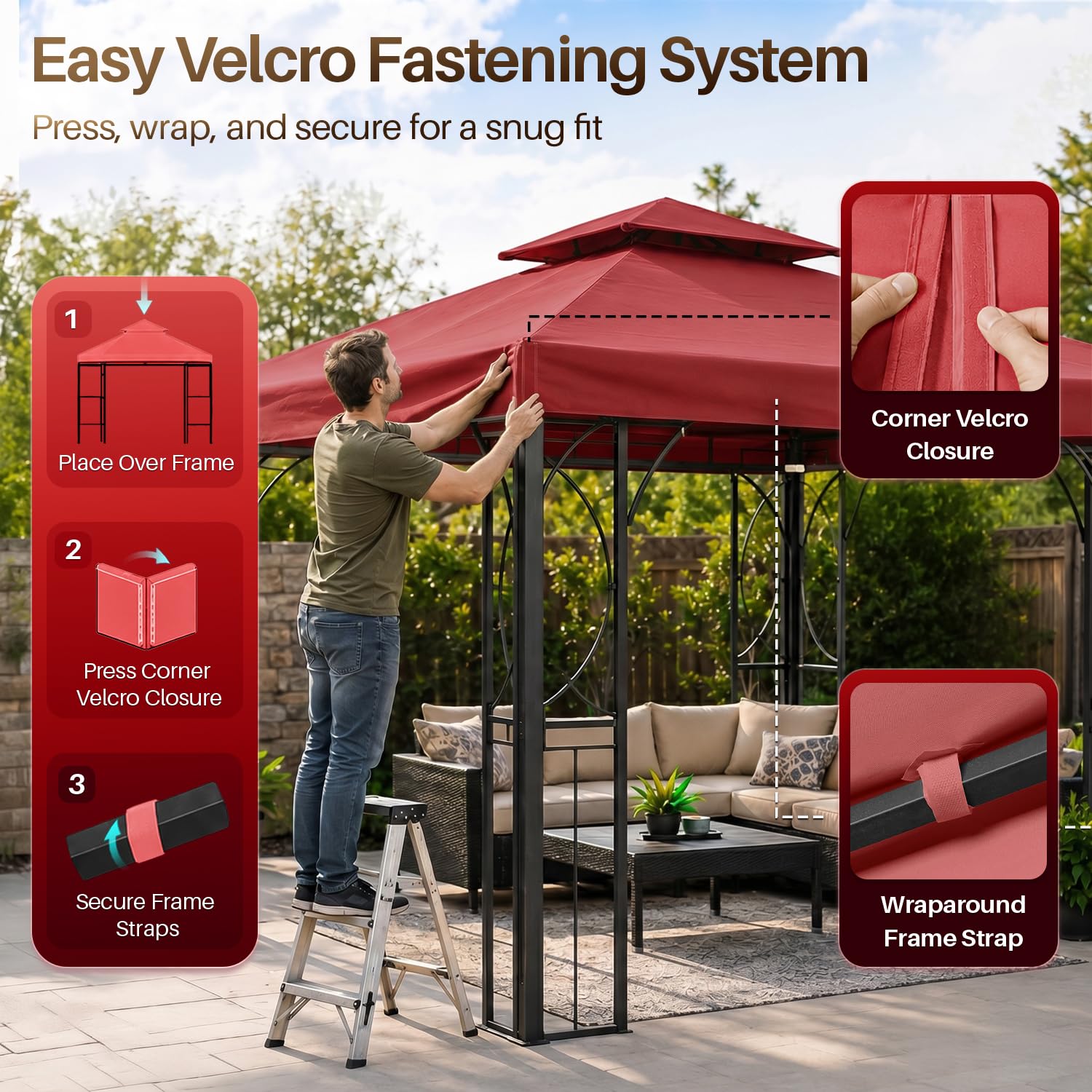 Flexzion Toile de Remplacement pour tonnelle 3,6 x 3,6 m - Couverture Double Toit avec Protection UV30+, résistante à la saleté et à l'eau pour extérieur, ombrage, Jardin, Patio, pavillon (Rouge)
