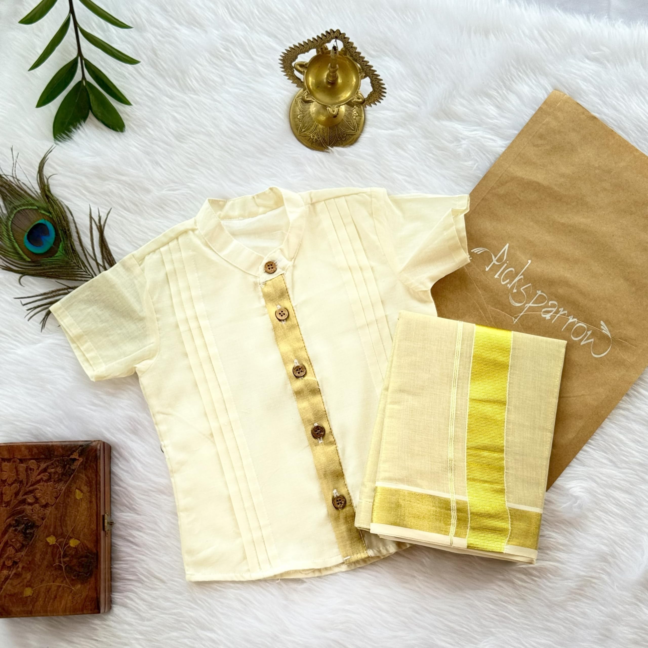 Picksparrow Baby Boy Kerala Cotton Kasavu Shirt with Traditional Dhoti/Mundu (Pintucks-Tissue) (0-6 Months, Offwhite), Printed - Image 3 thumbnail