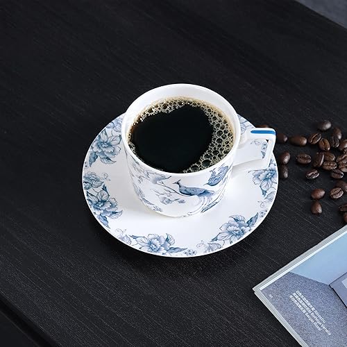 Miniatura 4 de fanquare Juego de taza de té y platillo de porcelana de hueso de 9 onzas para 1, taza de café azul y blanca con juego de platos, taza de té