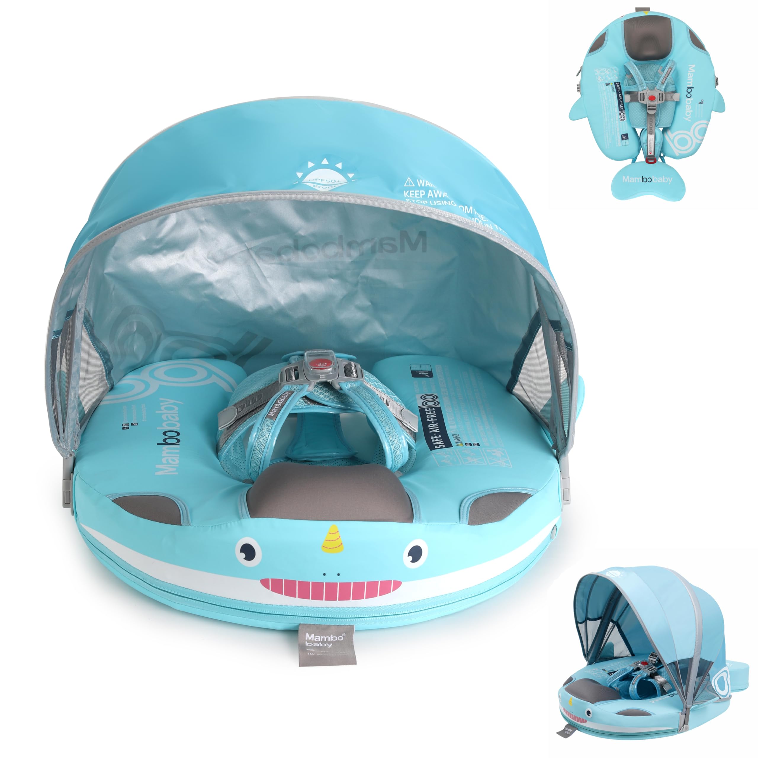 Mambobaby Float with Removable UPF50+ UV Sun Protection Canopy, Infant Pool Float Swimming Float with Tail & Adjustable Safety Seat, Baby Floats for Pool Bathtub