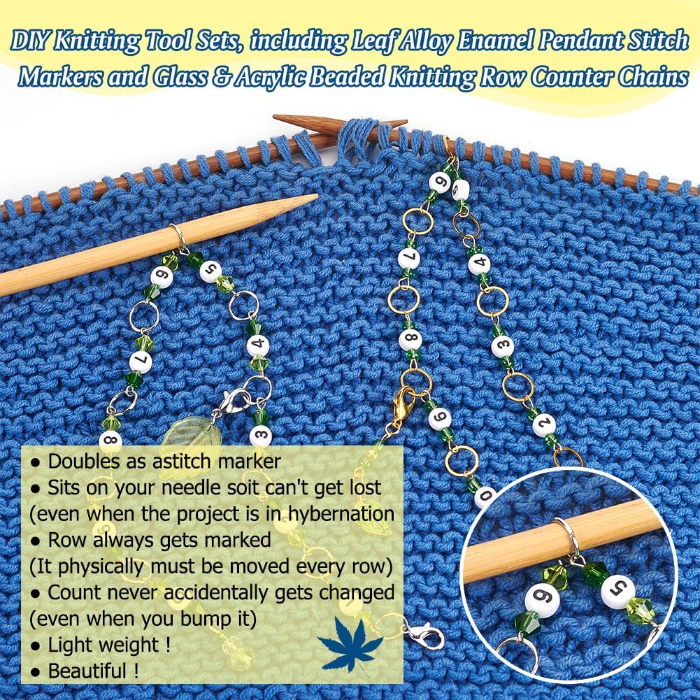 NBEADS 2 Pcs Leaf Charms Knitting Row Counter Chains, 2 Pcs Leaf Stitch Markers Number Beads Row Counter Chains for Knitting Crochet Tracking Project Progress, Light Green