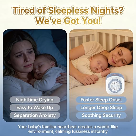 Moms Real Heartbeat Sound Device, Womb Sound Recorder White Noise for Newborn, Soothing Baby Sleep Machine, Rechargeable, Timer & Volume Control, Portable Infant Aid for Faster, Deeper Sleep