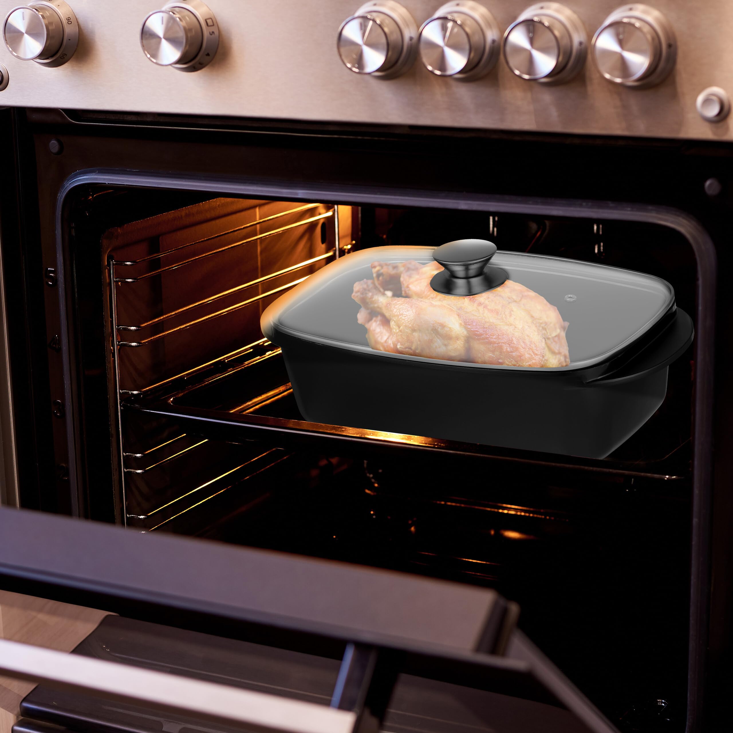 Relaxdays Asador de Horno con Tapa de Cristal, Rustidera 5 L, Olla Antiadherente, para Placa Eléctrica y de Gas, Negro