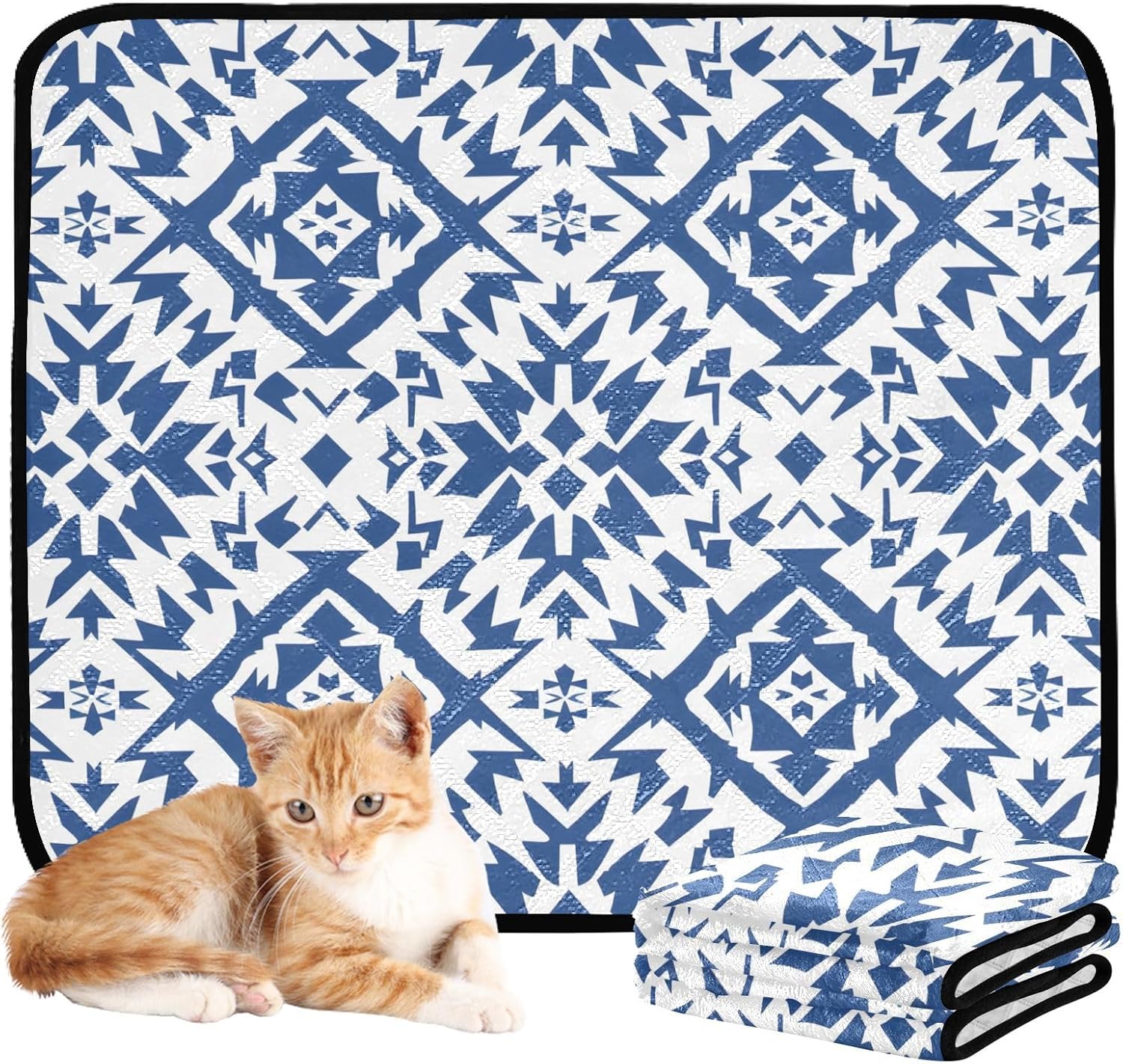 Blue Aztec Art Pattern Pet Mat Reusable Feeding Mats for Food and Water Non-Slip Pee Pads for Dogs Cats 2 Packs