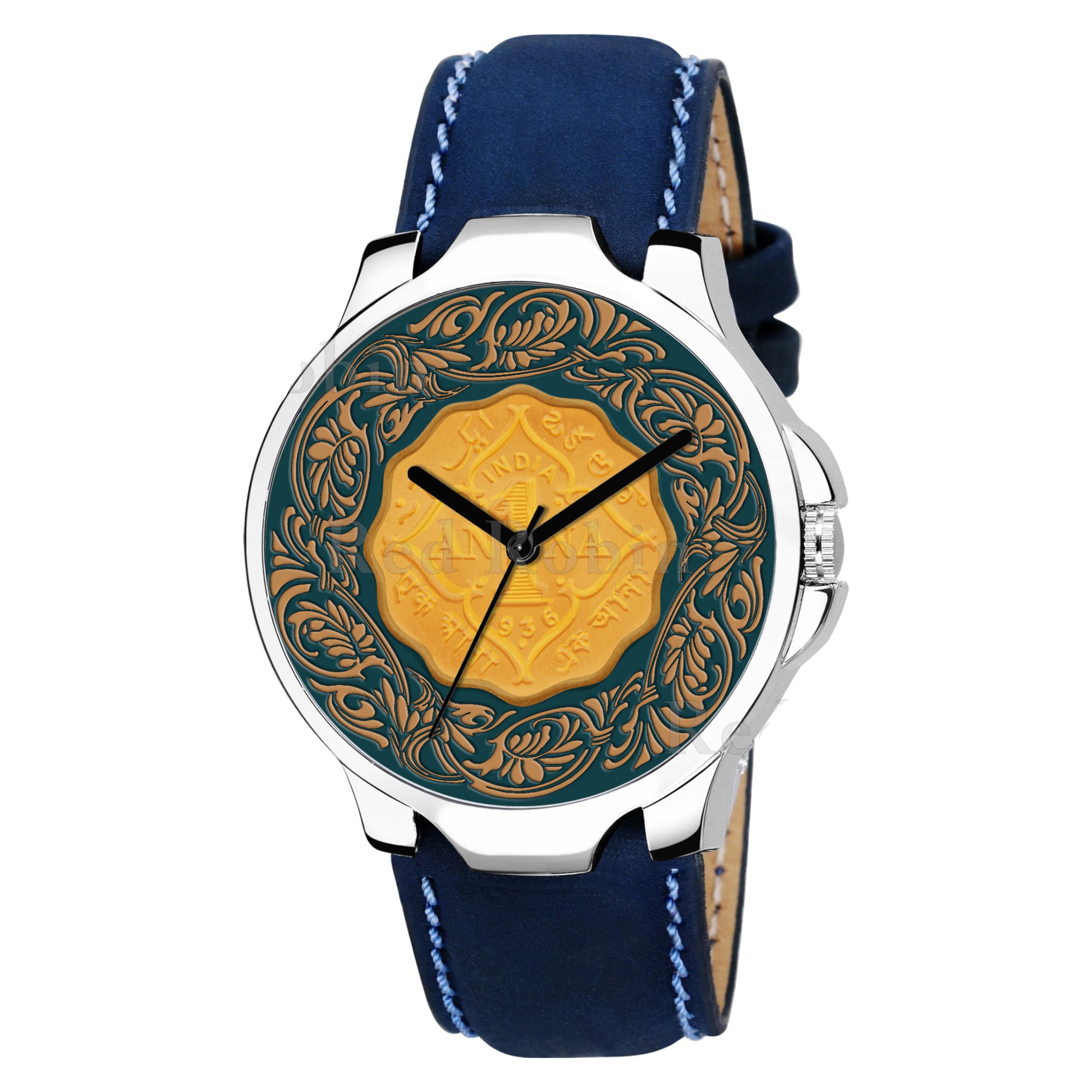 Analog Jaipur Watch Coin Design Multicolour Dial Stylish Blue Leather Strap Wrist Watch for Men and Boys, Pack of 1 - J1-3K-SIL-BLU-L
