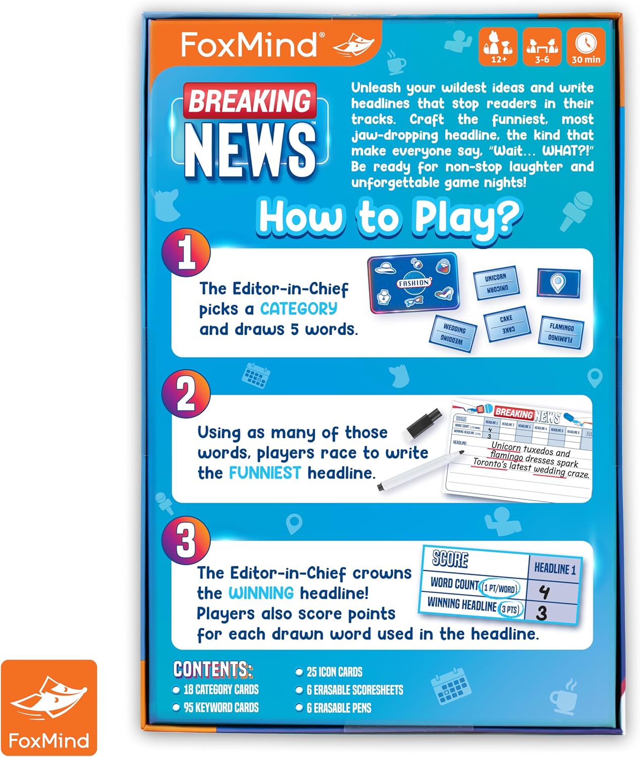 FoxMind Games: Breaking News Party Game – Create Hilarious Headlines from Drawn Keywords, Fun Board Game for Family & Friends, Ages 12 to Adult, 3–6 Players