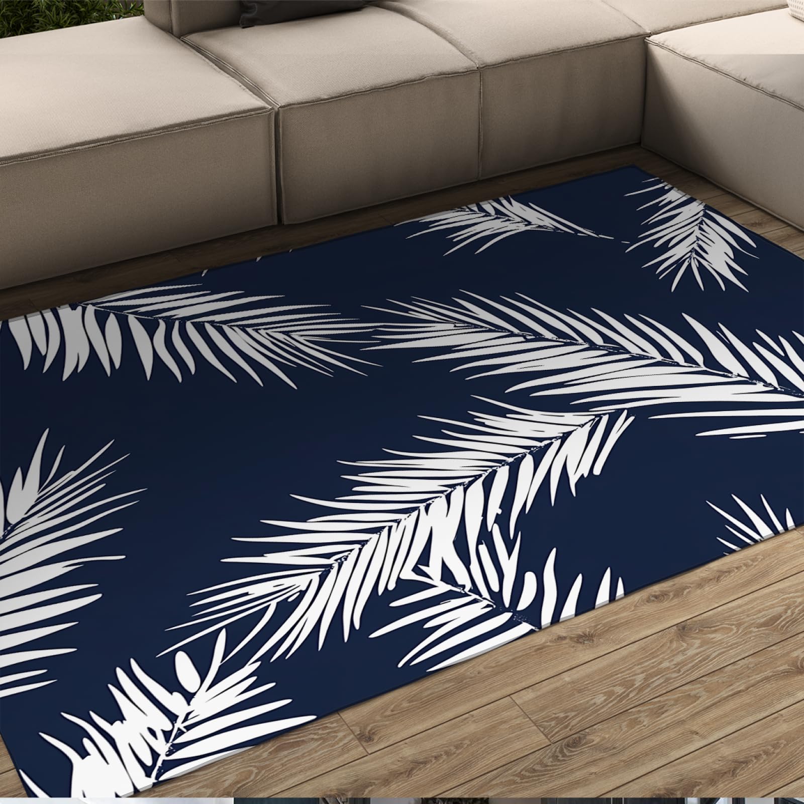 Tapis extérieur plantes tropicales bleu 180x300cm pliable pour terrasse et camping