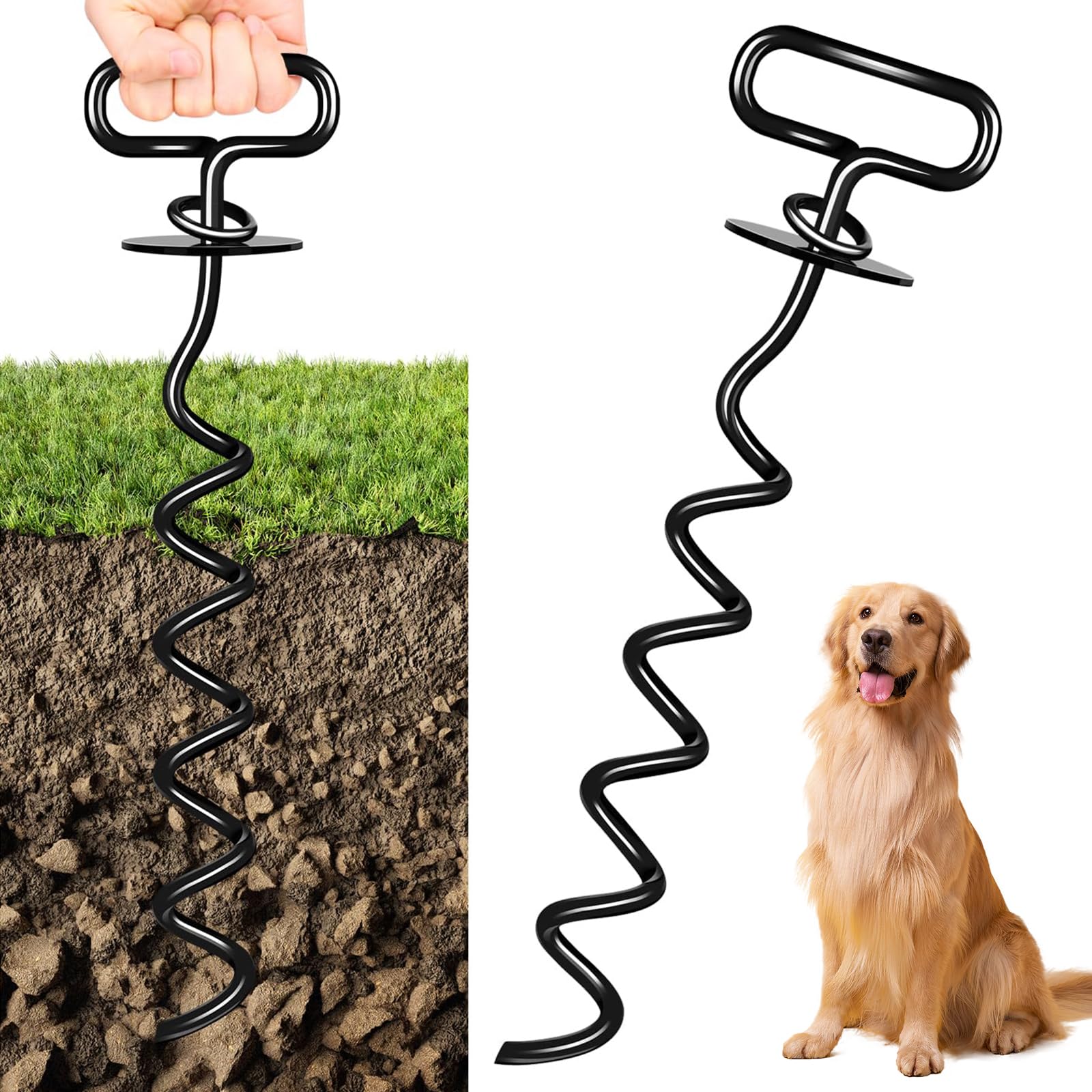 Ancrage pour Chien, Spirale Trapézoïdale Piquet pour Chien, 360° Rotation Anti-enchevêtrement Piquet Ancrage pour Chiens, Facile à Installer, pour Petit, Moyen ou GRA(Noir
