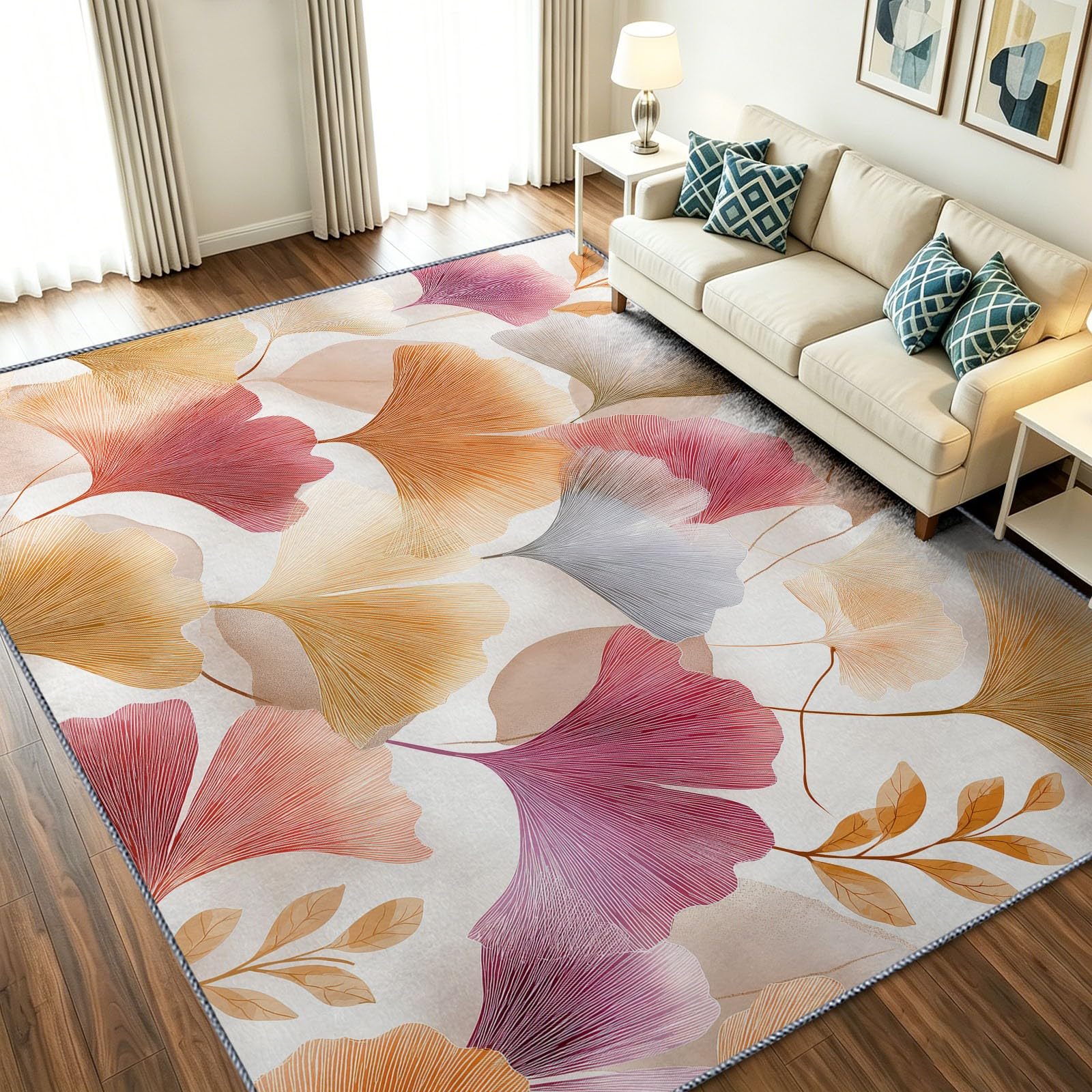 Tapis de salon 120x180 cm lavable à motif botanique de ginkgo beige