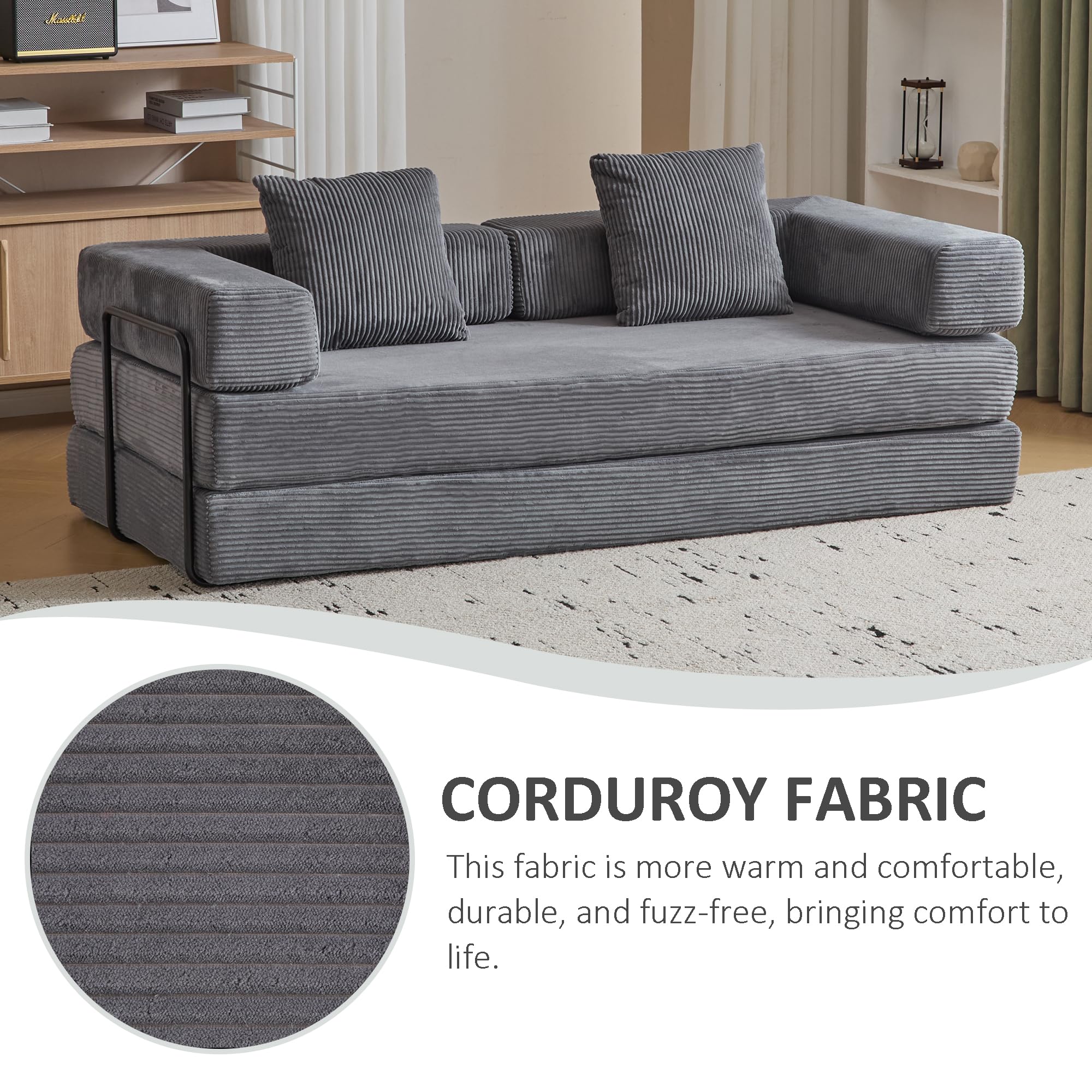 Convertible Sofa Bed 77.9-inch , Corduroy Loveseat Sleeper To Queen Bed ...