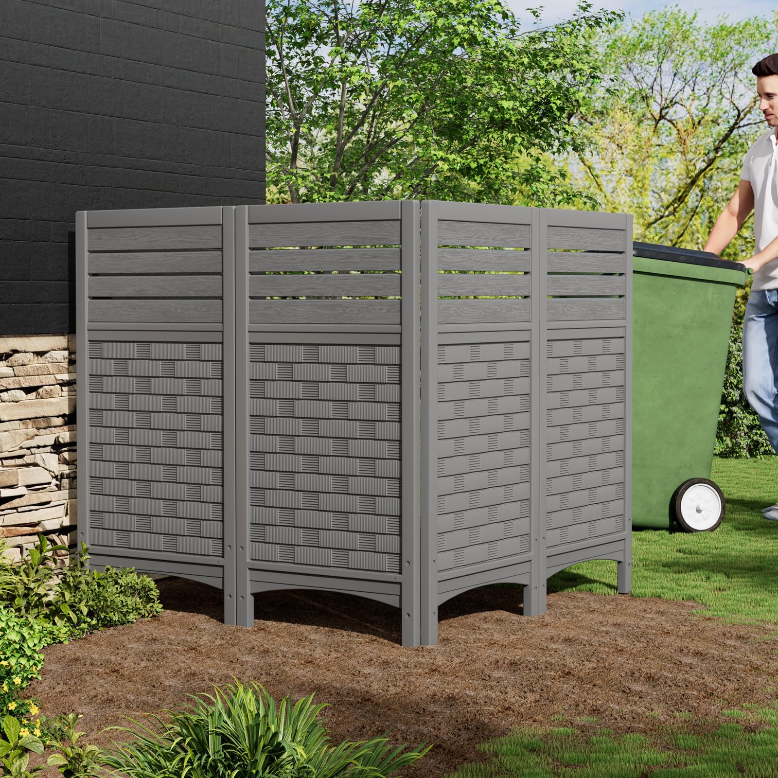 (SIMILAR)ZZM Gray Privacy Fence Panels Outdoor Decorative Air Conditioner Fences Screen Trash Can Pool Equipment Hide Fence for Deck Balcony (4 Panels)