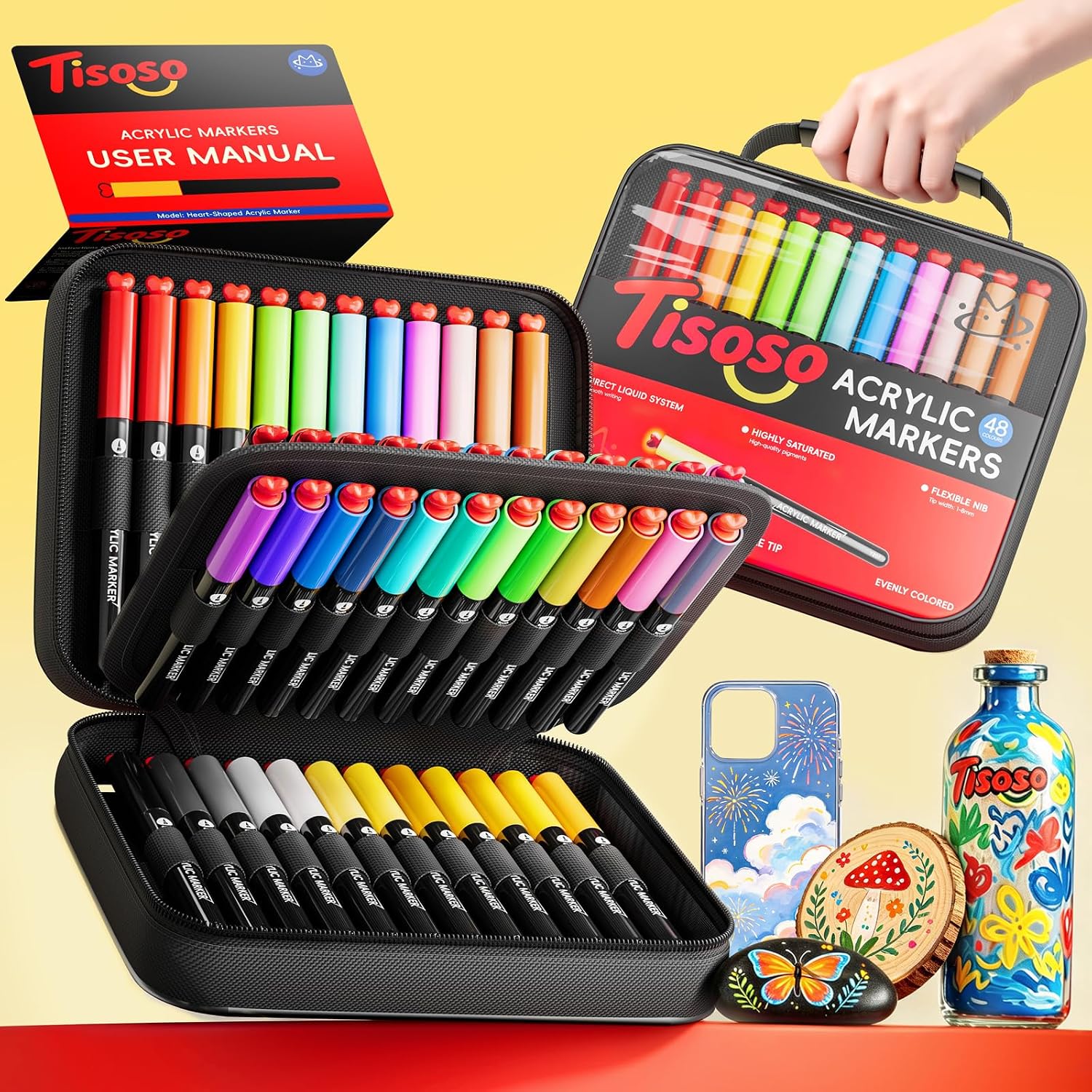 Tisoso Acrylic Paint Markers 48 Colors with Brush Tips, Direct Liquid, Auto Control Ink, Water Based No Bleed Markers, High Opacity Waterproof Paint Pens for Rock, Wood, Pumpkin DIY Craft