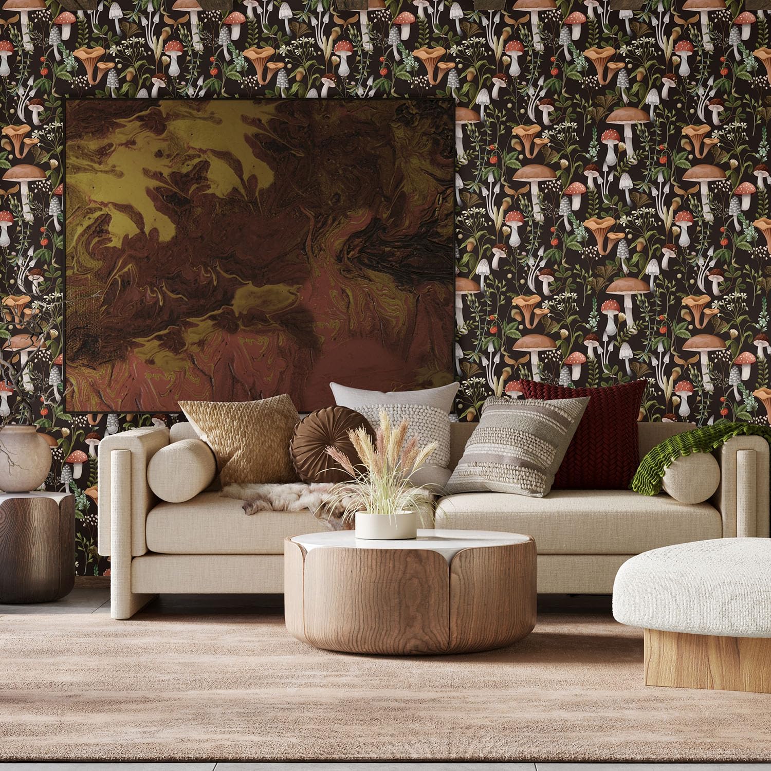 Mushroom Peel and Stick Wallpaper Textured Boho Contact Paper Vintage Removable Forest Stick on Wallpaper Self Adhesive for Bedroom Bathroom, Black Green Brown White, 17.3 x 472inch