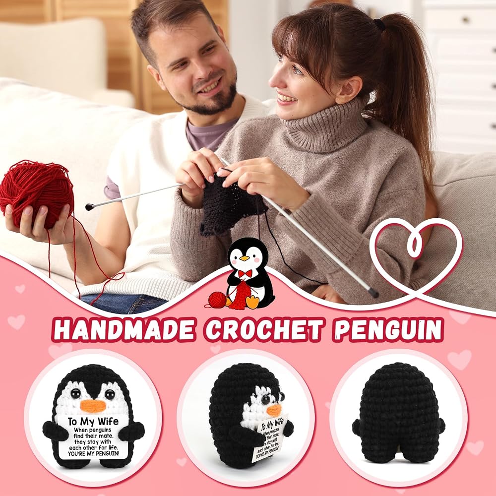 Gifts for Her Wife from Husband, to My Wife Handmade Crochet Emotional Mini Funny Penguin, Romantic Wedding Anniversary Birthday Valentines Gifts for Women Her, Small Easter Love Sign Decor