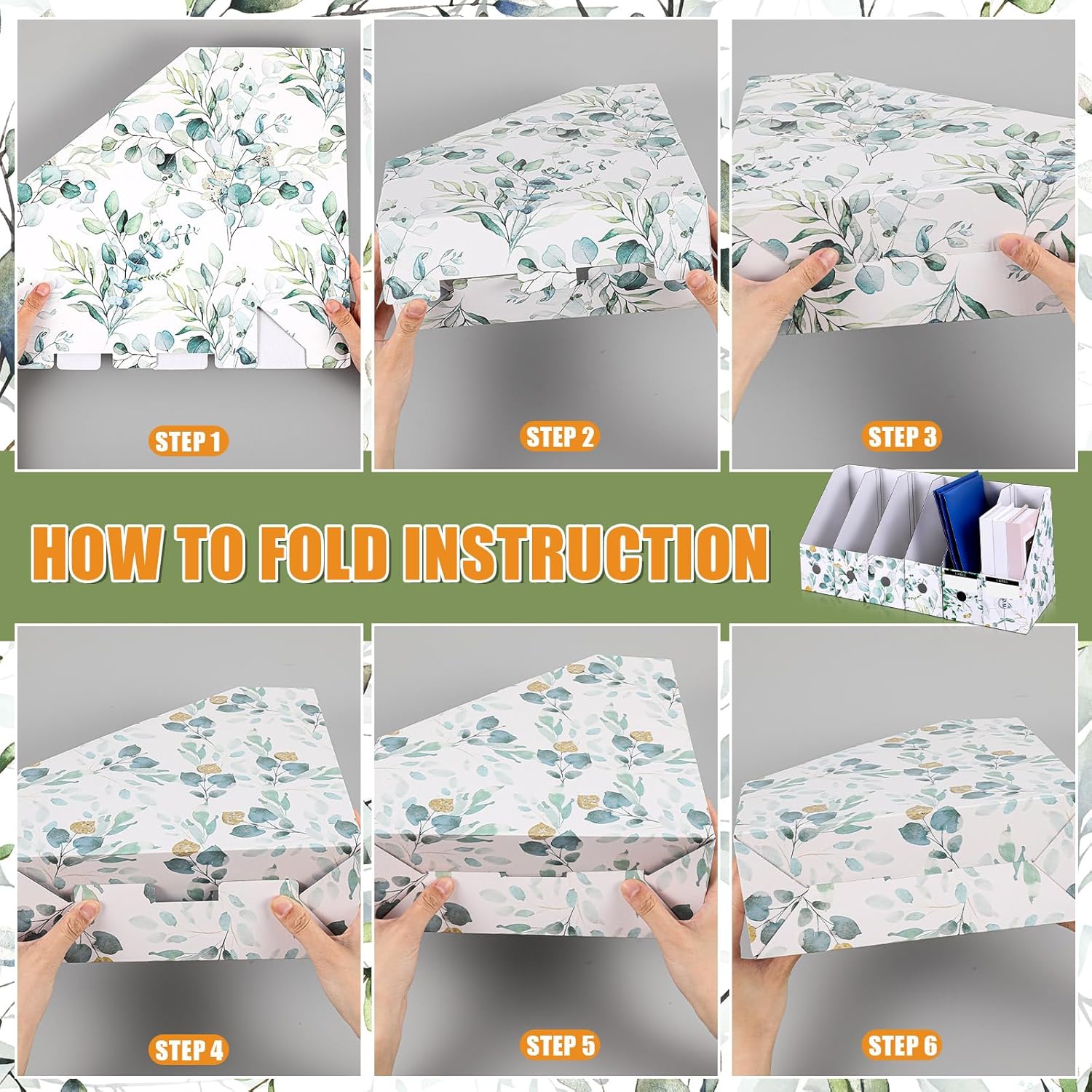 PerKoop 12 Pcs Decorative Magazine File Holders Floral Foldable File Folders Magazine Storage Boxes Rack Desk Organizer Documents with Printable Labels for School Office Home (Eucalyptus Leaves)