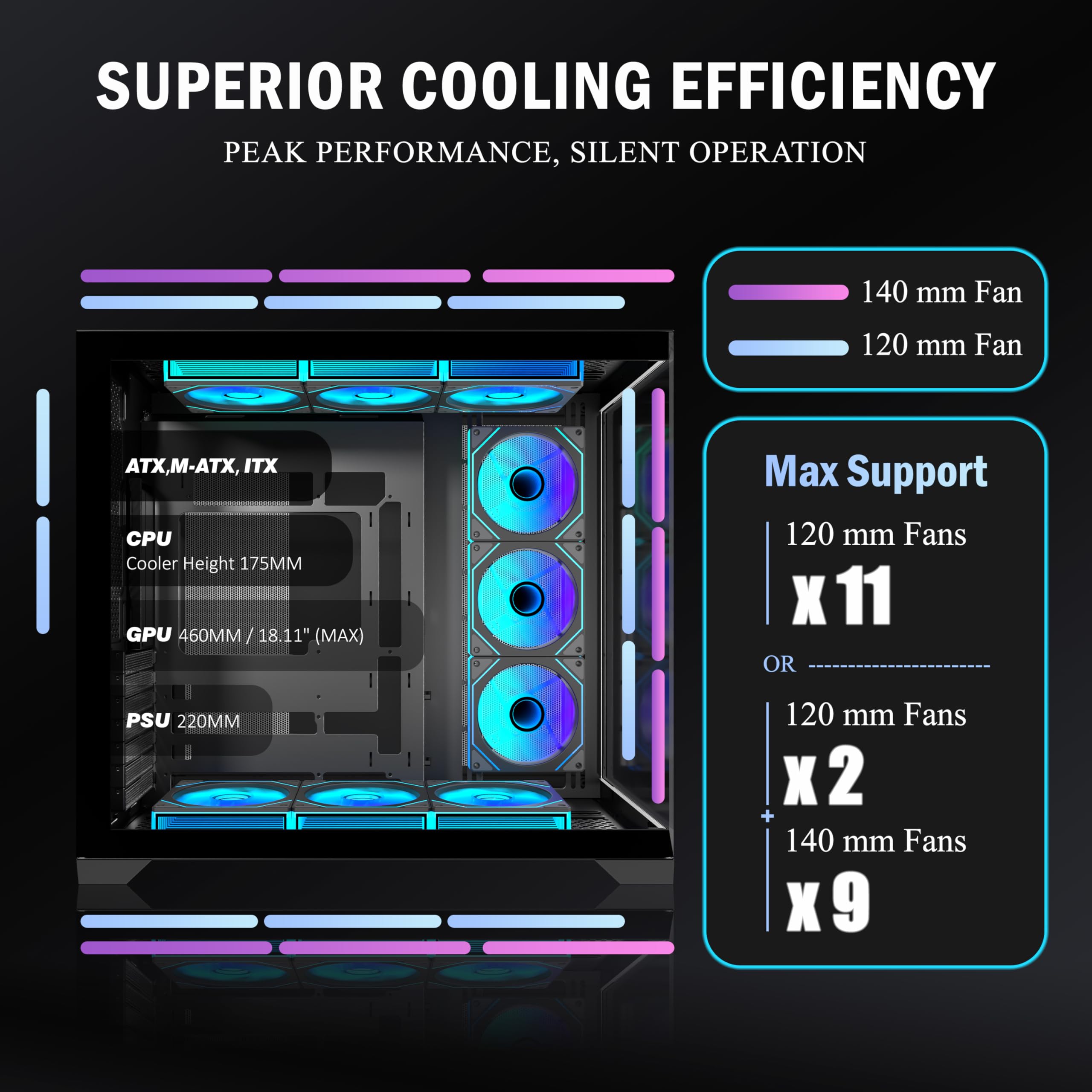 ANSAITE ATX PC-Gehäuse 9×120 mm ARGB PWM-Lüfter vorinstalliert ，Mid-Tower Gaming PC-Gehäuse, Panorama-Gehärtetes Glas Schwarz Computer-Gehäuse mit Typ-C, 360mm Radiator Unterstützung，H-D9 (Schwarz)