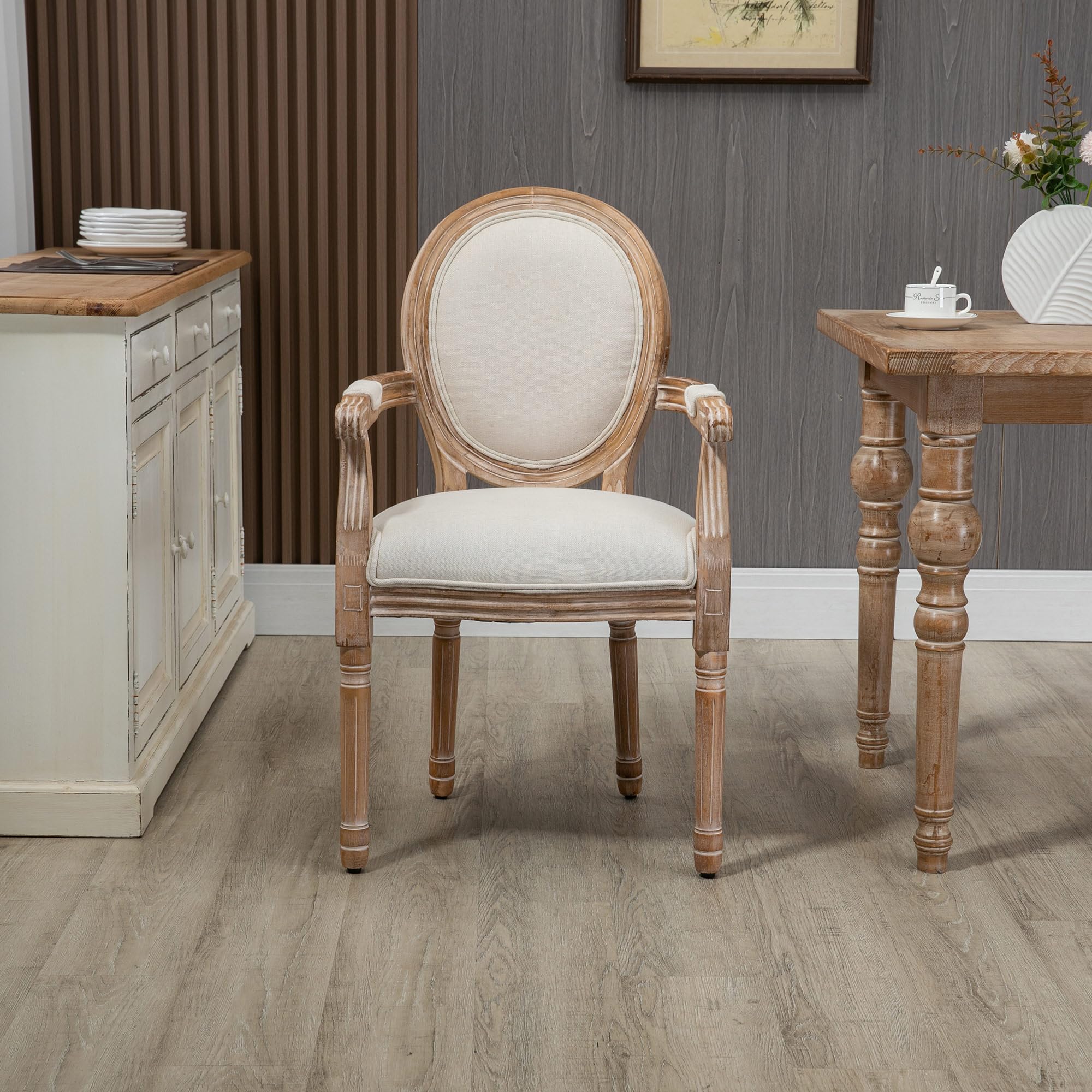HOMCOM Sedia da Pranzo in Legno Imbottita con Braccioli Bianco Crema