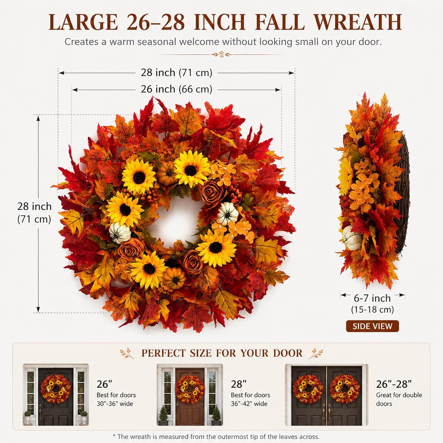 28inch Fall Wreath for Front Door with Sunflowers, Pumpkins&Orange Roses | Large Harvest Autumn Sunflower Wreath with Vibrant Maple Leaves, Pumpkins Full Farmhouse Thanksgiving Décor