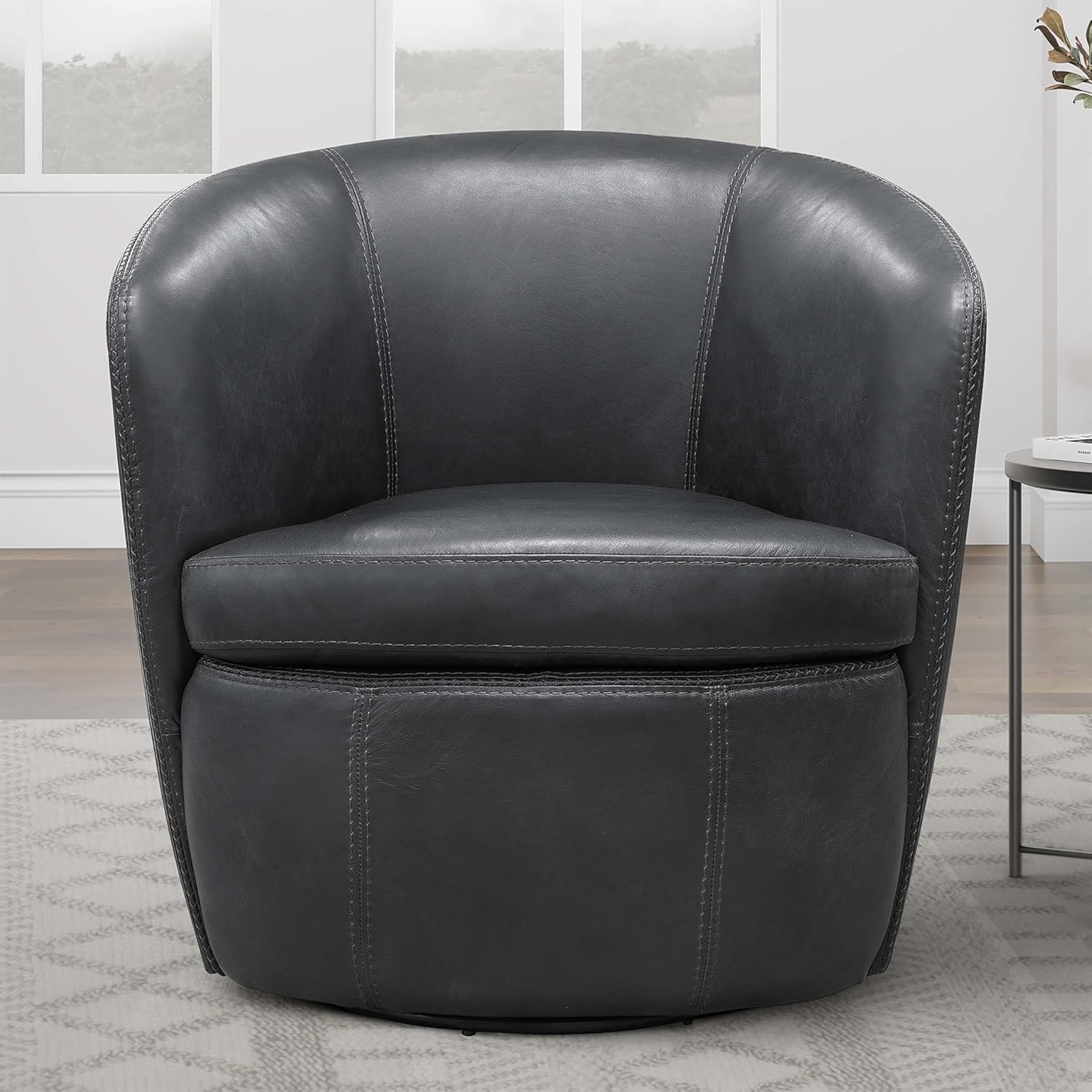 Pemberly Row Vintage Slate Italian Leather Swivel Club Chair, 32.5 x 29 x 32 in, Genuine Aniline-Dyed Top-Grain Leather, Barrel Seat with Metal Base, Decorative Stitching, Living Room Accent Chair