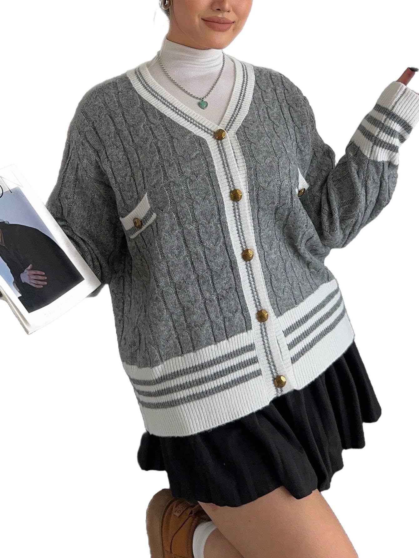 MakeMeChic Womens Plus Size Cardigan Sweater Striped Button Down V Neck Long Sleeve Cable Knit Sweater