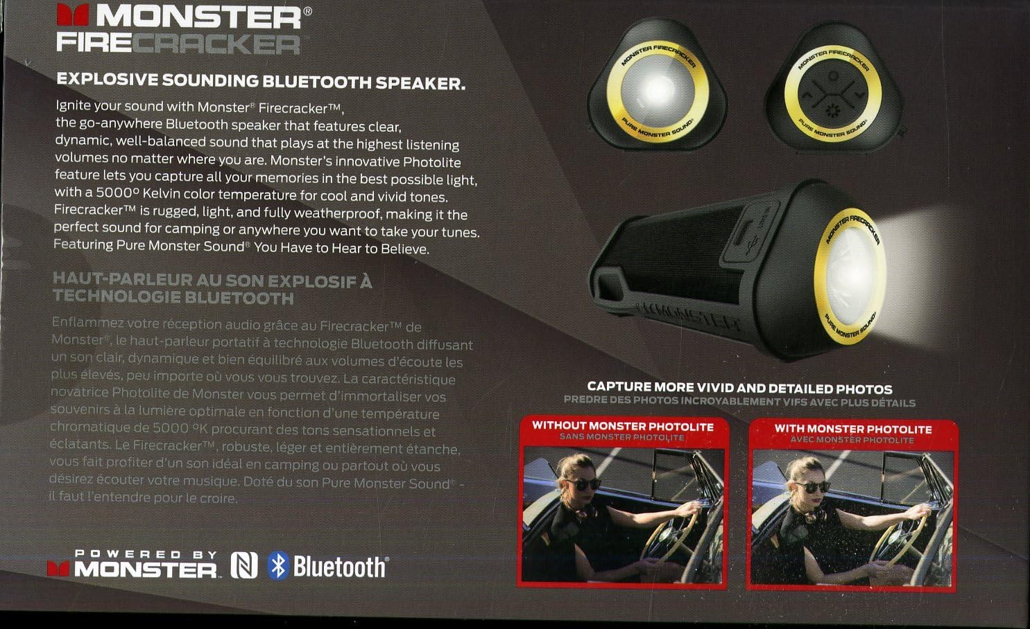 กลับ view of Monster Firecracker speaker showing sealed AUX and charging ports