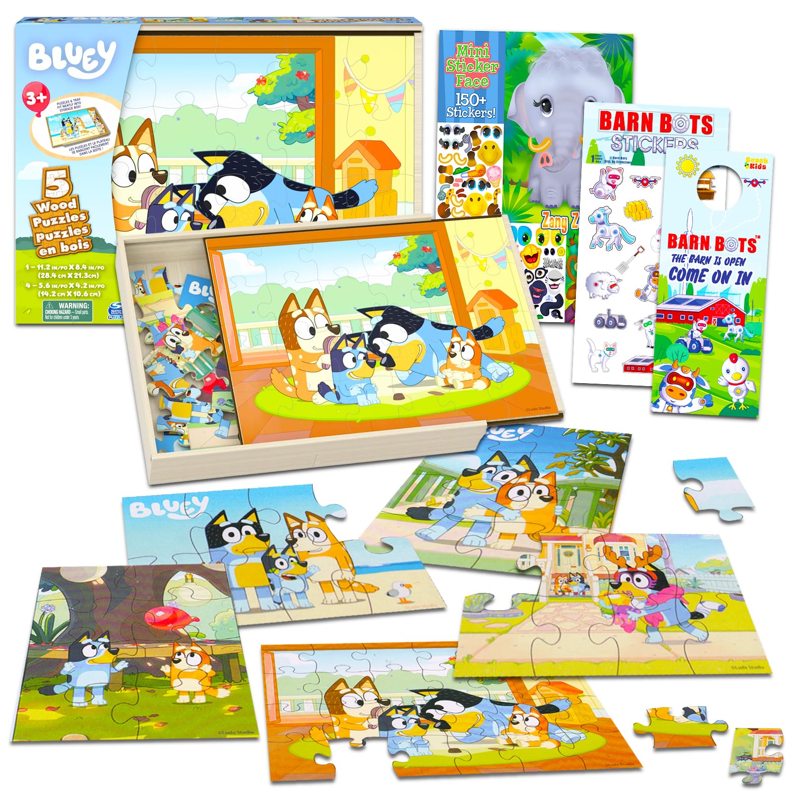 Photo 1 of Bluey Wooden Puzzle 5 Pack - Bluey Wood Puzzles Bundle with Holding Tray with Zany Zoo Create-A-Face Stickers and More| Bluey Jigsaw Puzzles for Kids