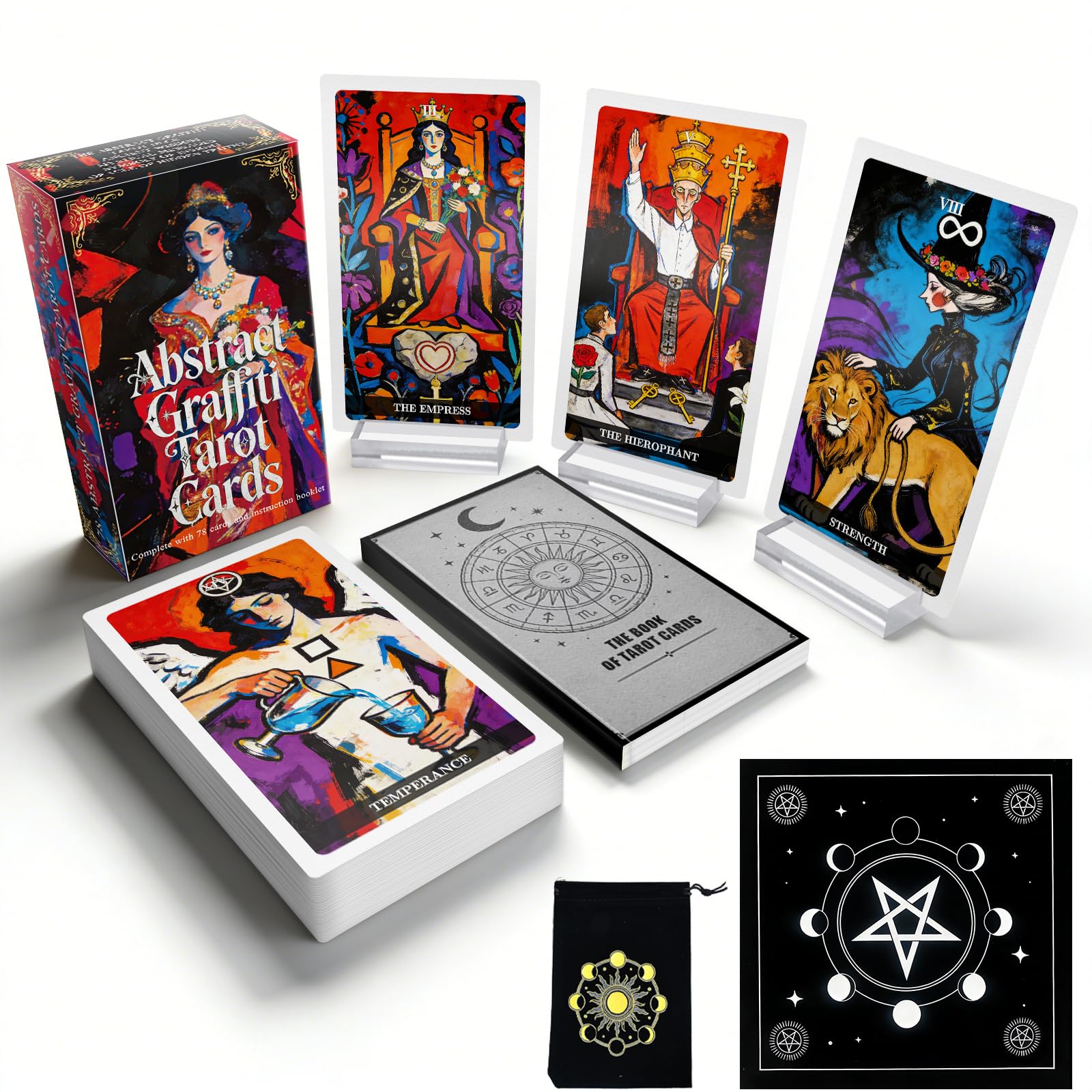 Powerful Artistic Tarot Cards Deck with Guide Book, 78 Modern Illustrated Tarot Cards for Beginners, Creative Graffiti Style Tarot Set with Velvet Cloth, Acrylic Stands & Pouch for Daily Reading